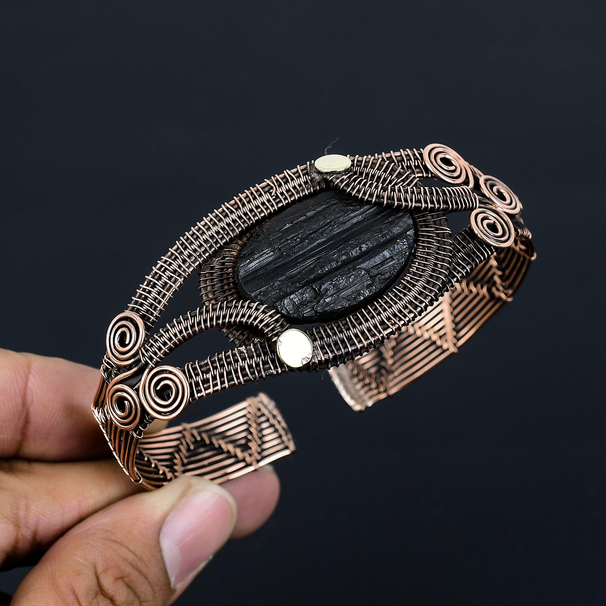Black Tourmaline Rough Gemstone Pure Copper Wire Wrapped Handmade Cuff/Bangle Jewelry