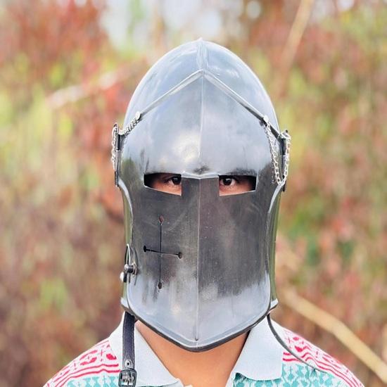 Серый шлем барбюта, средневековые рыцарские доспехи, 18ga мягкая сталь, с забралом, для LARP, косплея, костюма на Хэллоуин, шлем воина, подарок