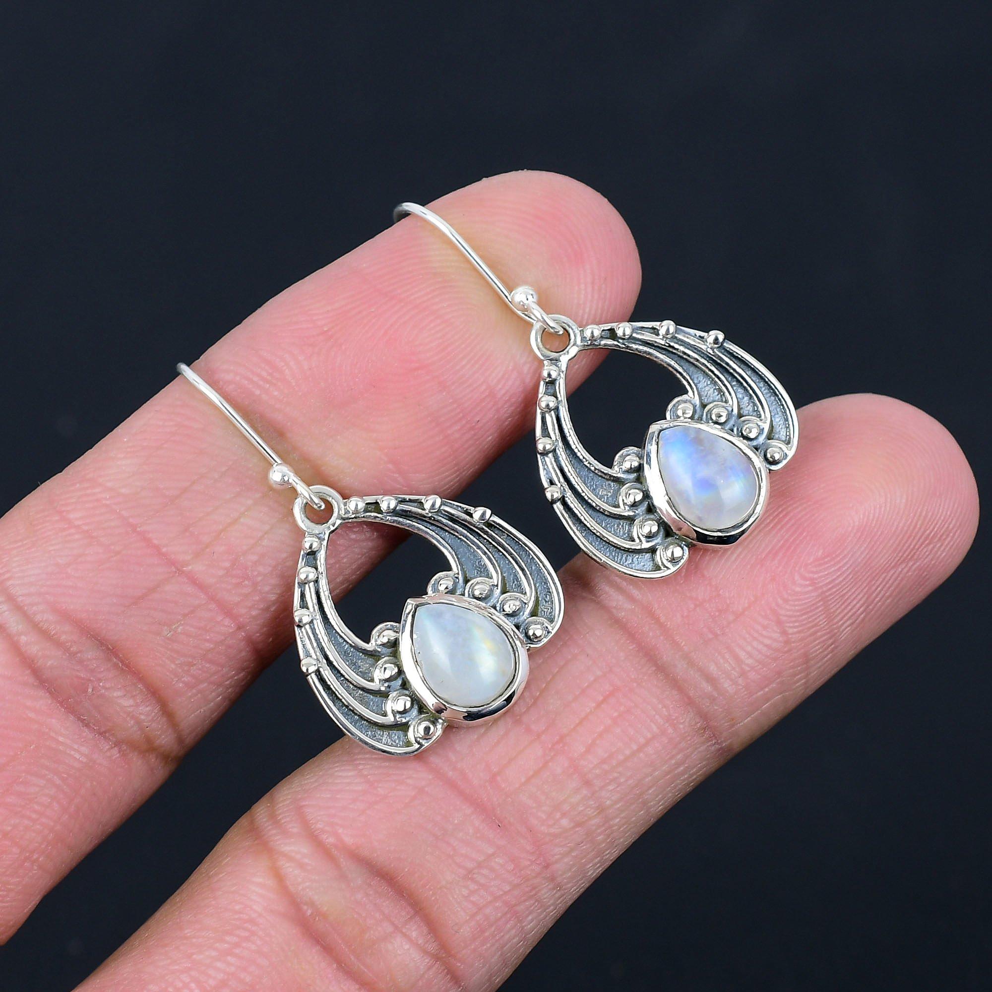 Серьги из натурального радужного лунного камня с драгоценными камнями, твердые серьги из стерлингового серебра 925 пробы, серьги ручной работы, ювелирные изделия, подарок для женщин и девочек, E-1160