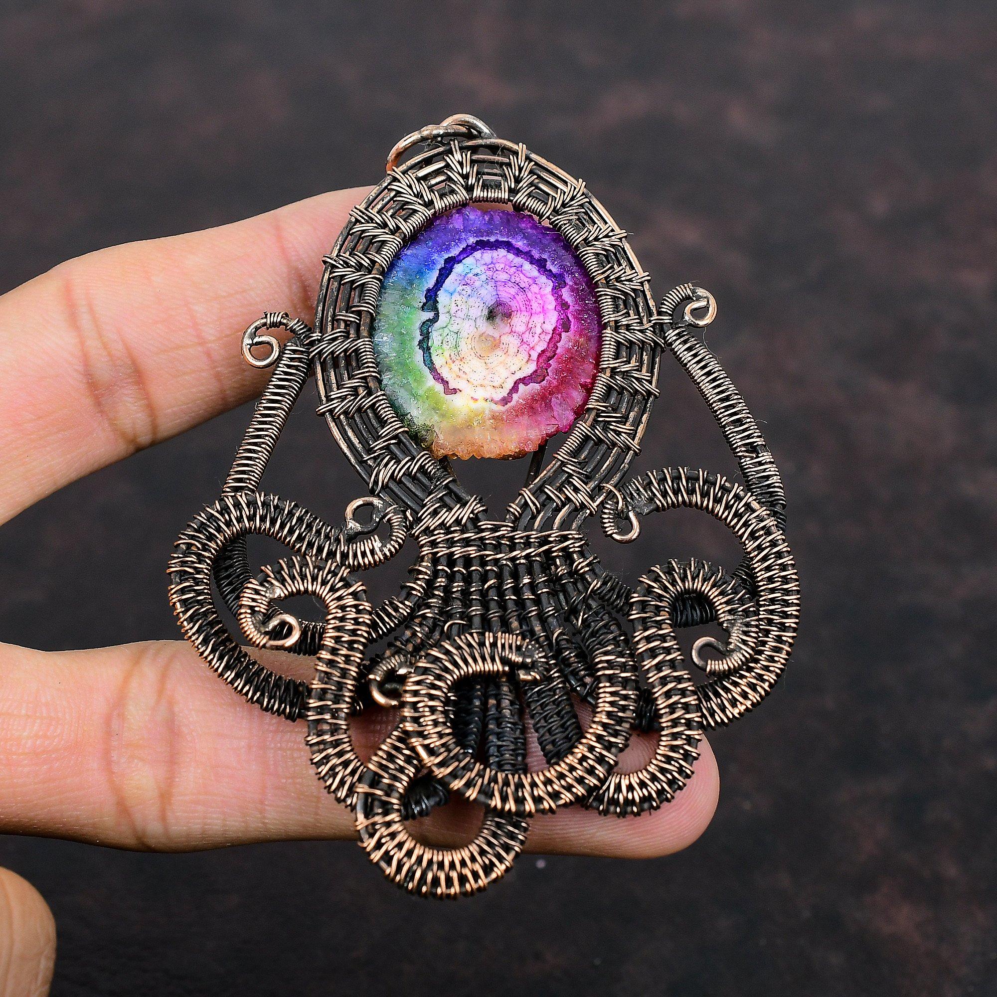 Радужный солнечный кварцевый кулон с друзами, подвеска из медной проволоки, антикварные медные украшения, подвеска в виде осьминога ручной работы, ювелирные изделия из драгоценного камня, подарок для мамы