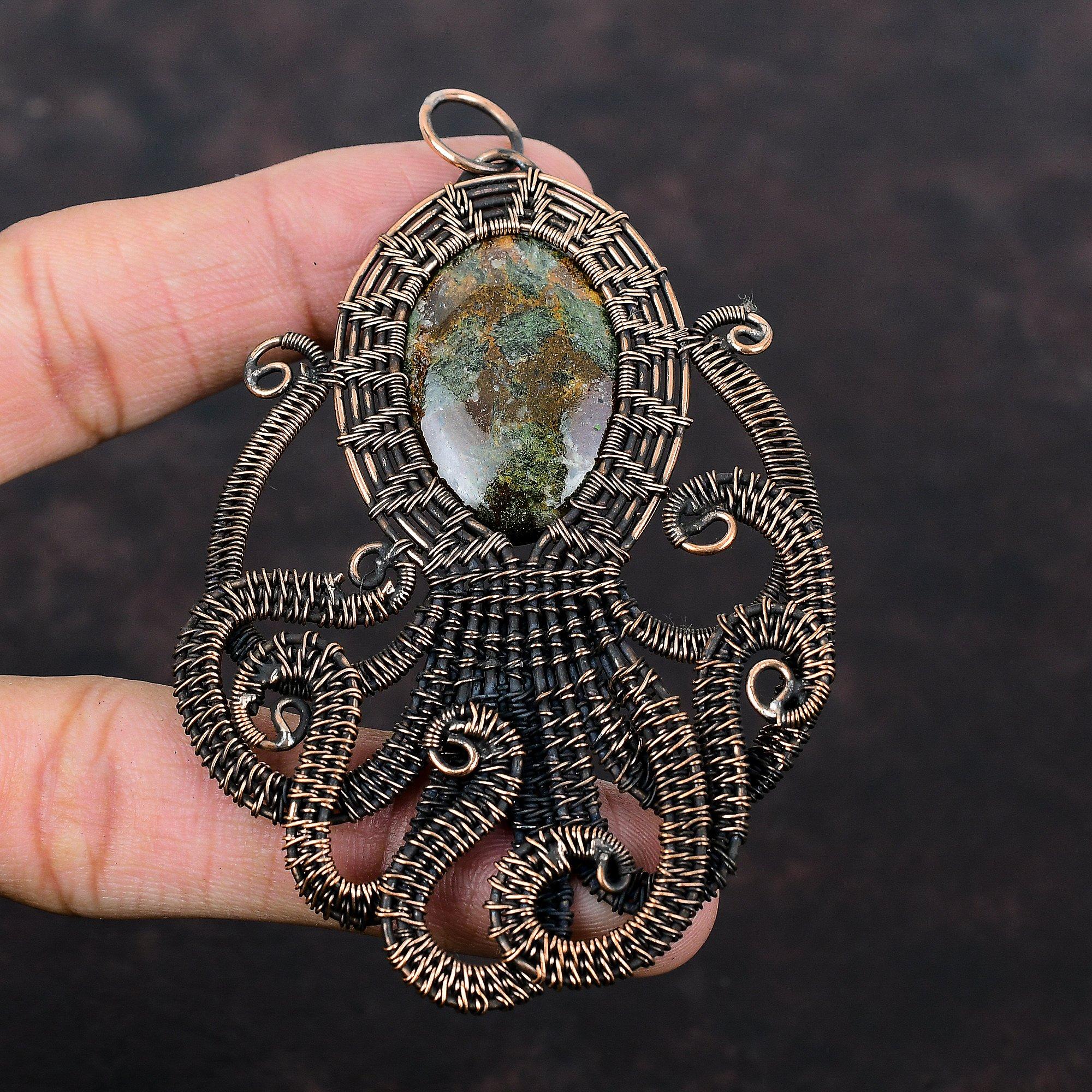 Подвеска со спессартиновым гранатом в известняке, медная проволока, кулон с драгоценным камнем, кулон в виде осьминога, подарок для женщин, медные украшения, кулон ручной работы