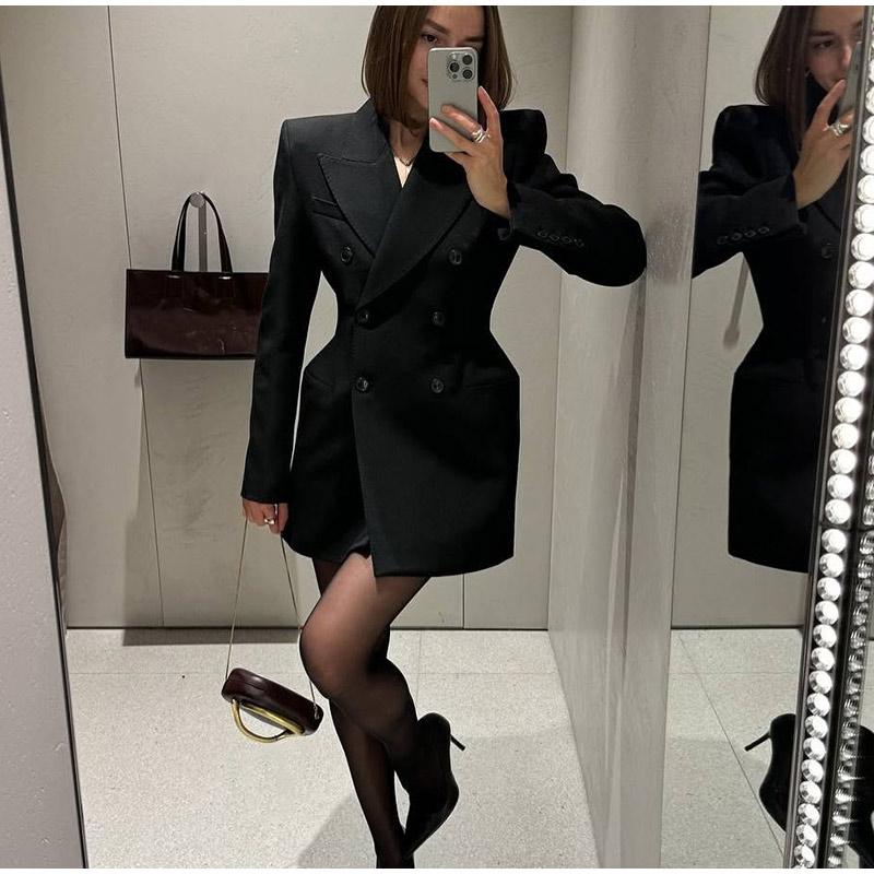 Элегантный двубортный черный пиджак, пальто для женщин, подплечники, отложной воротник, длинный рукав, куртка для офиса, поездок на работу, верхняя одежда, топы