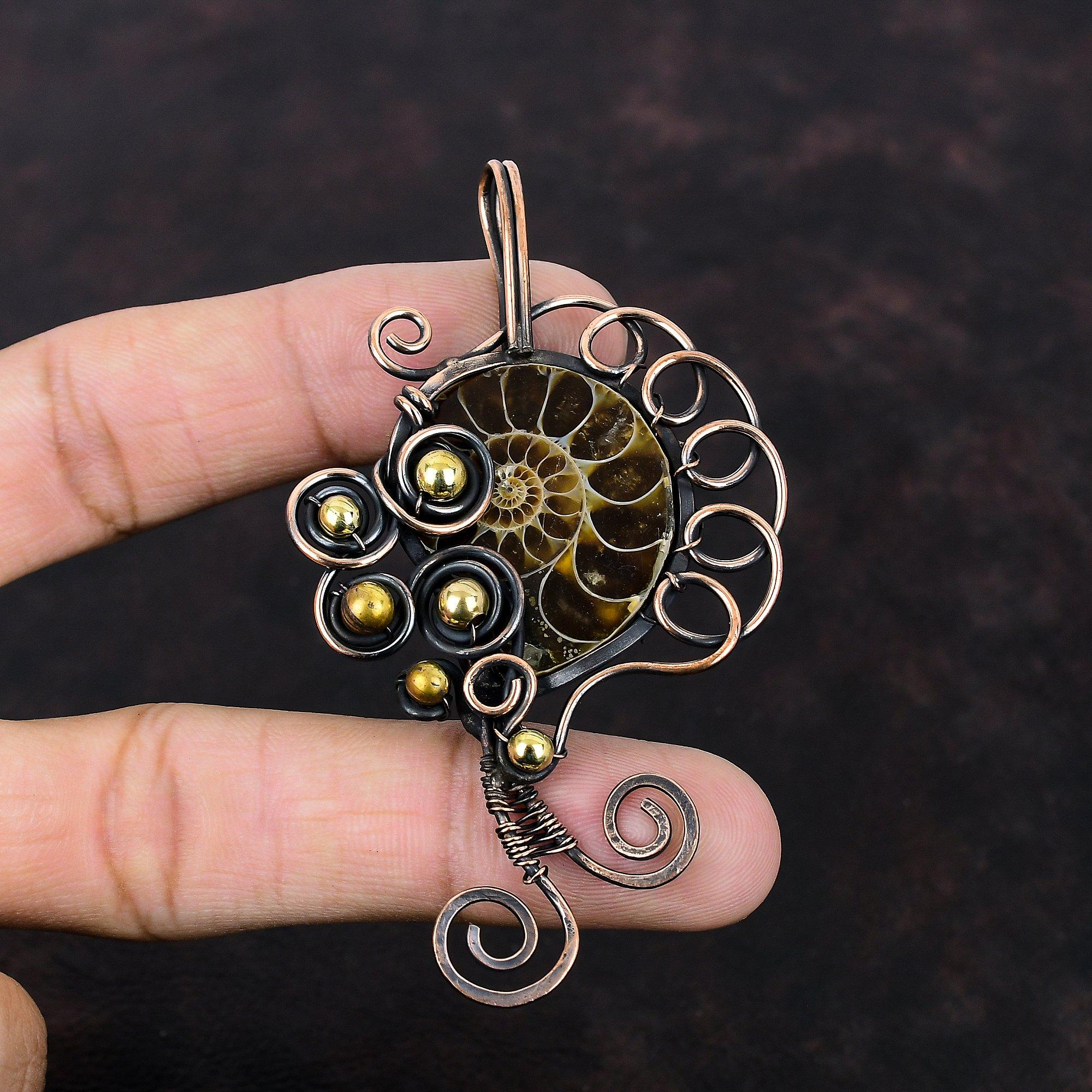 Подвеска из окаменелости аммонита, подвеска из медной проволоки, ювелирные изделия ручной работы из меди, подвеска из драгоценного камня высшего качества, подарок для нее, ювелирные изделия из проволоки
