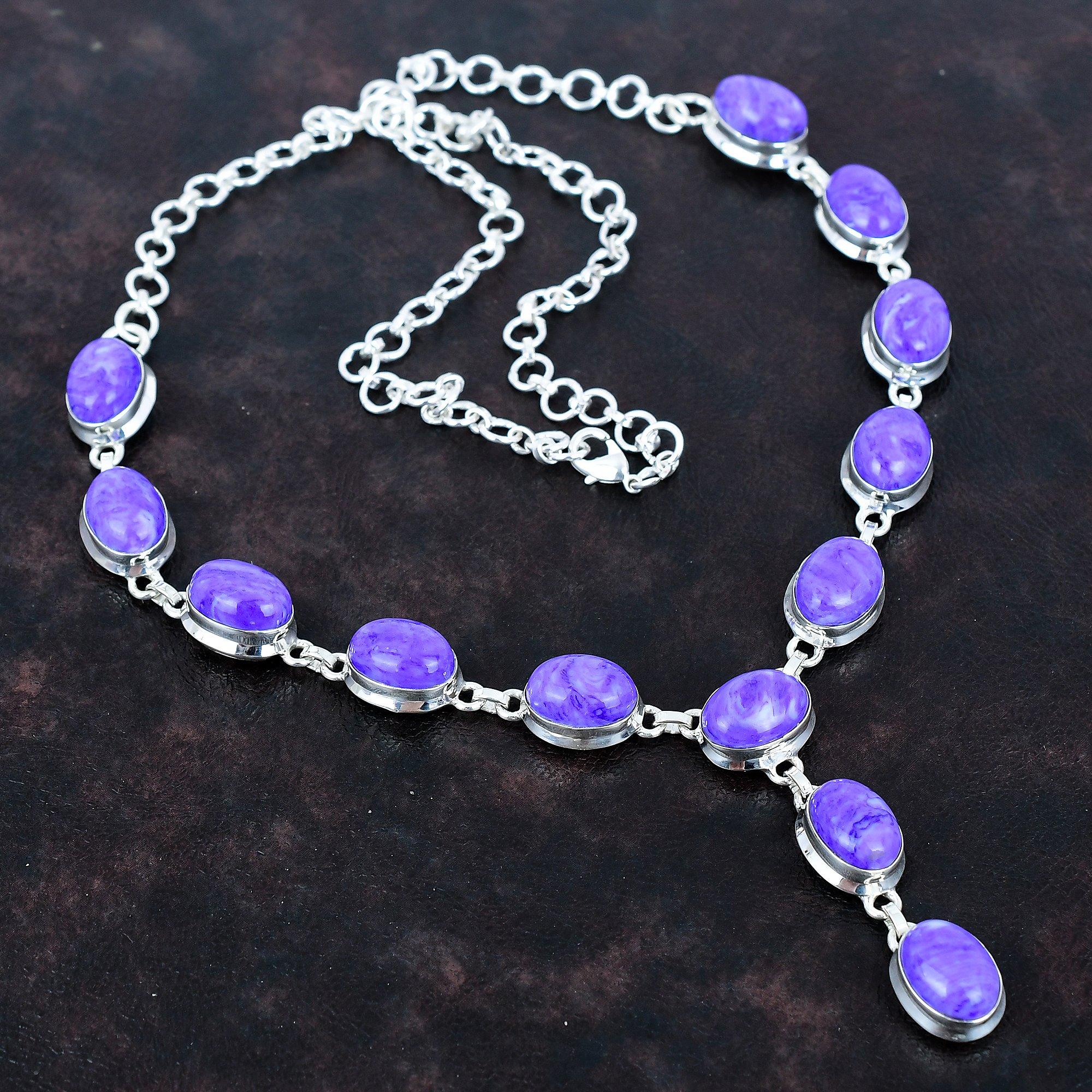 Ожерелье из чароита, ожерелье из стерлингового серебра 925 пробы, регулируемая цепочка, ожерелье из драгоценных камней ручной работы, ювелирные изделия из натурального чароита, подарки для женщин