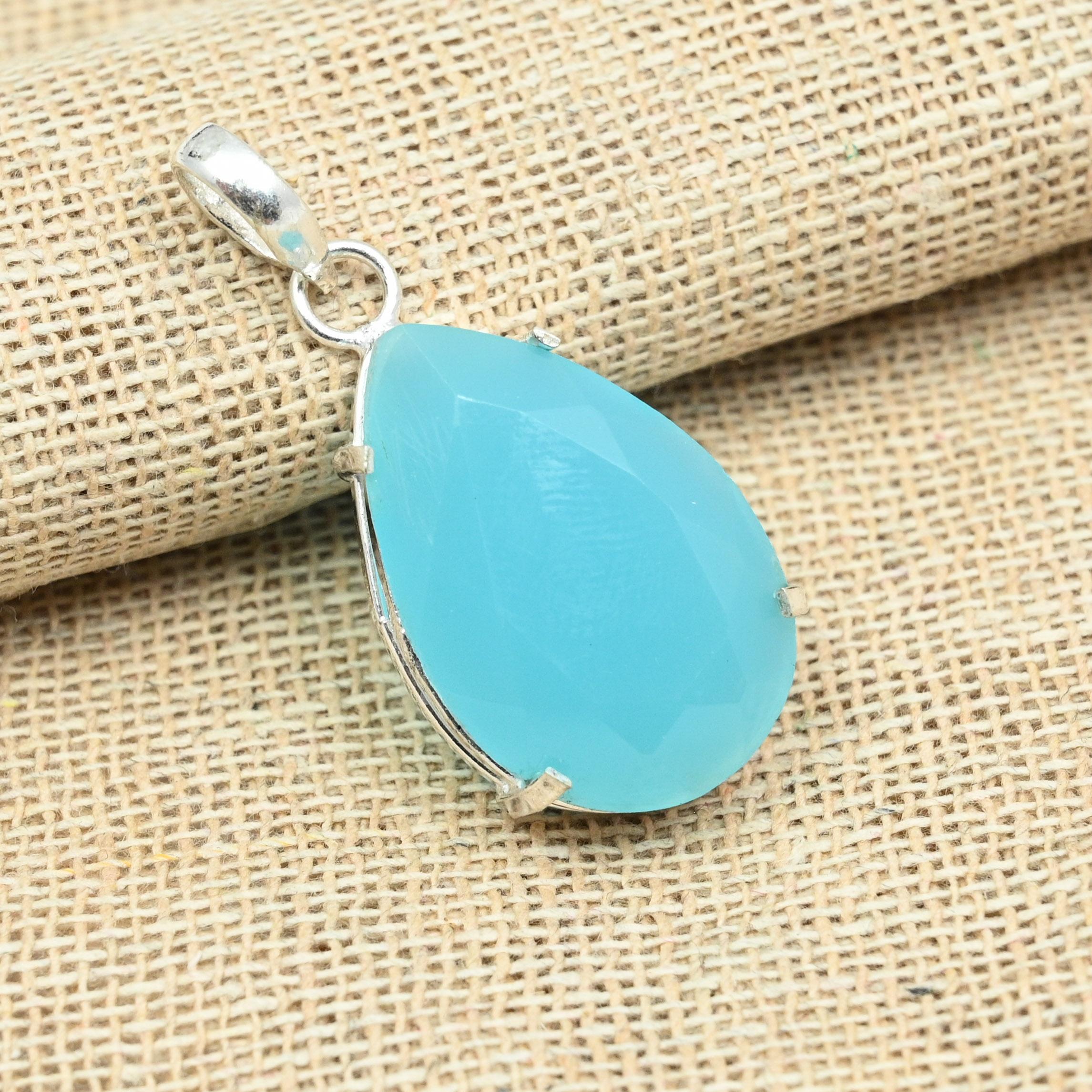 Faceted Blue Chalcedony Gemstone 925 Solid Silver Handmade Women's Jewelry Pendant