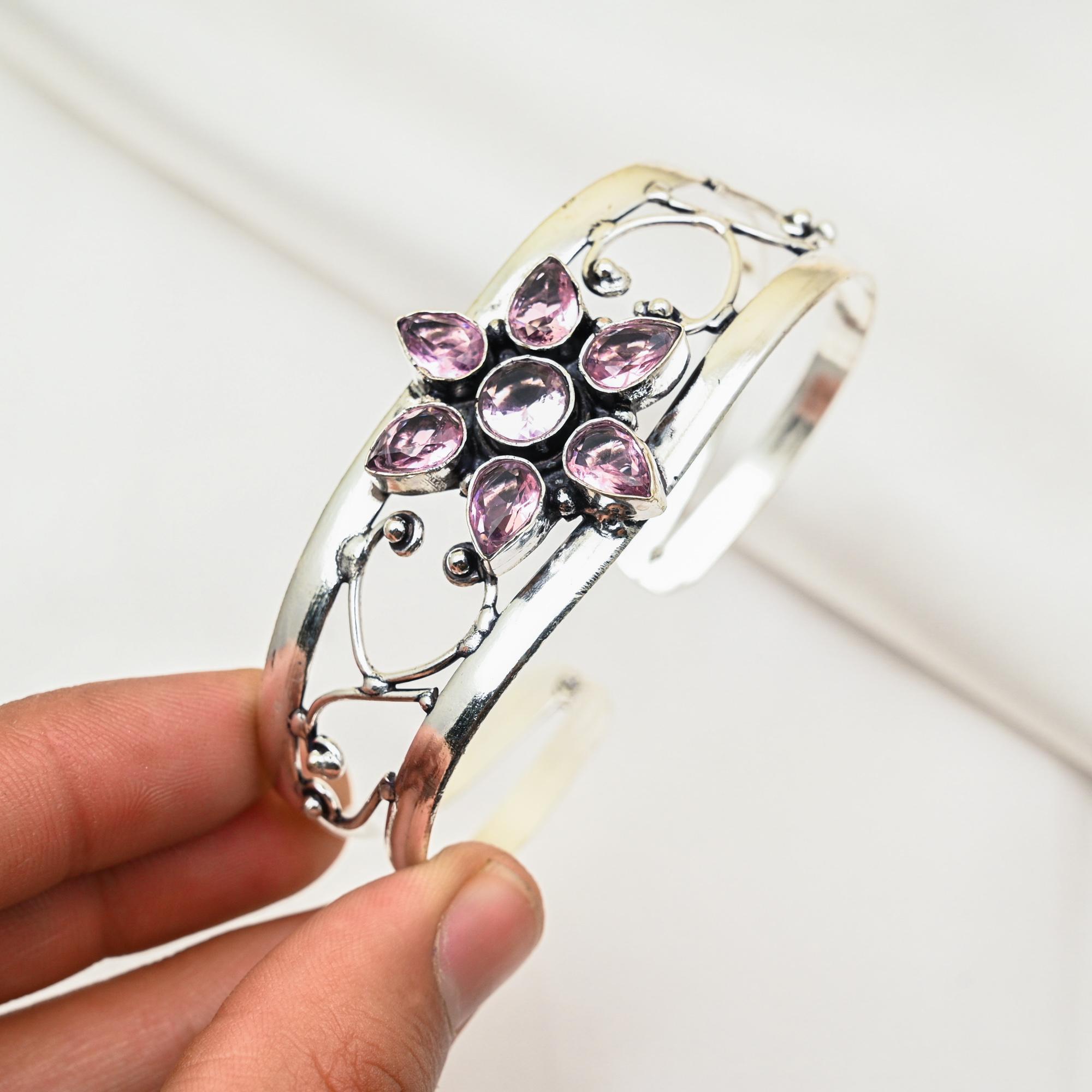 Розовый браслет из кунцита, изящные ювелирные изделия ручной работы, браслет-манжета из стерлингового серебра 925 пробы, регулируемый браслет, браслет-манжета из драгоценных камней, подарок для женщин