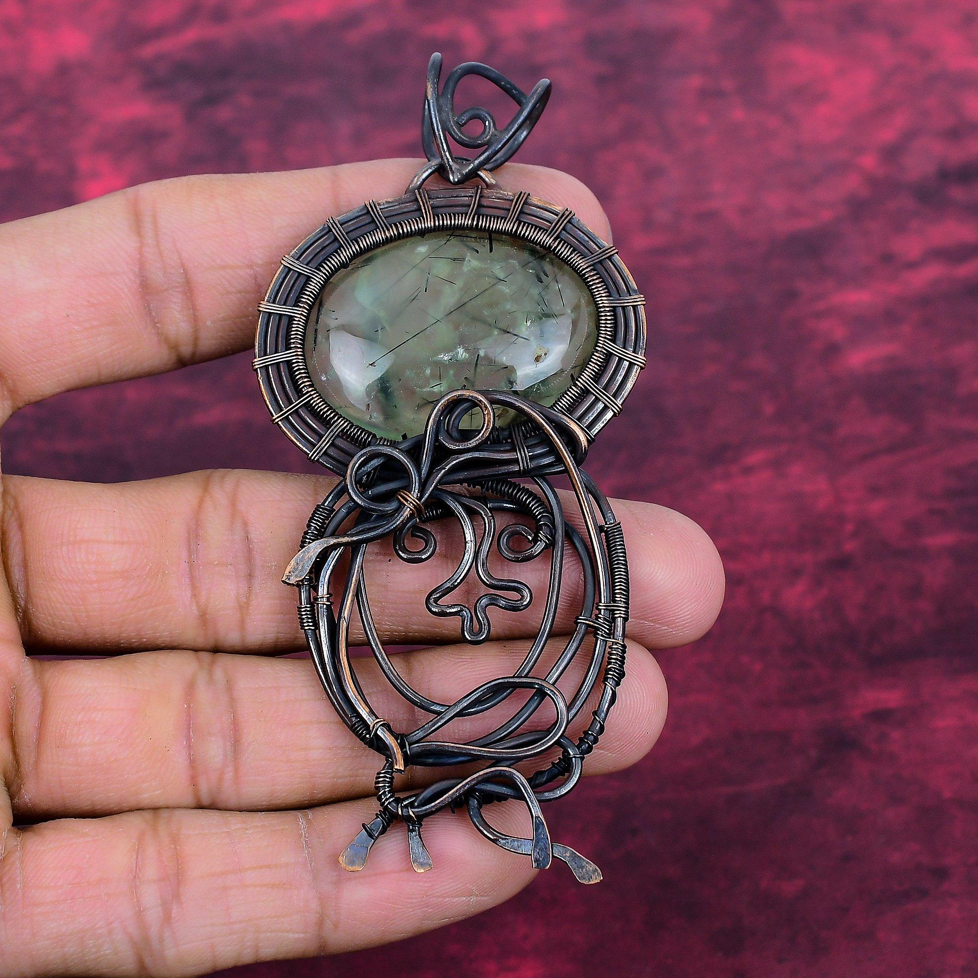 Moss Prehnite Pendant Copper Wire Wrapped Handmade Jewelry Real Gemstone Pendant