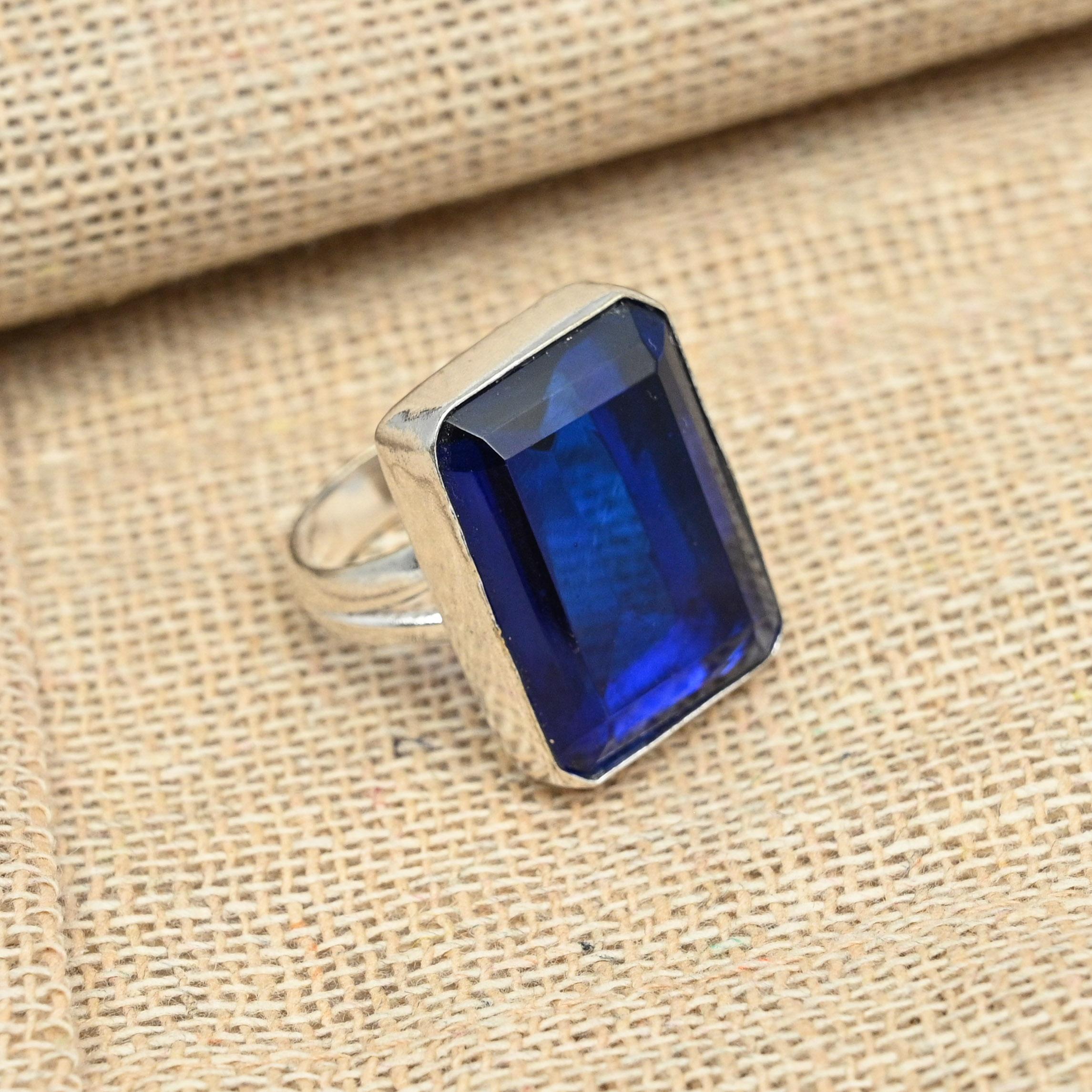 Граненый синий сапфир стерлингового серебра 925 пробы кольцо ручной работы ювелирные изделия подарок на годовщину для нее