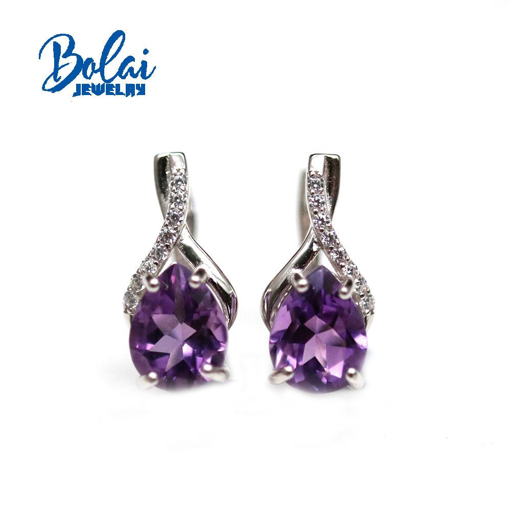 Bolaijewelry Natural Brazil Amethyst Clasp Earring 4ct Up Pear 7*9mm Real Gemstone Jewelry 925 Sterling Silver for Women Daily Wear Jewelry Gift