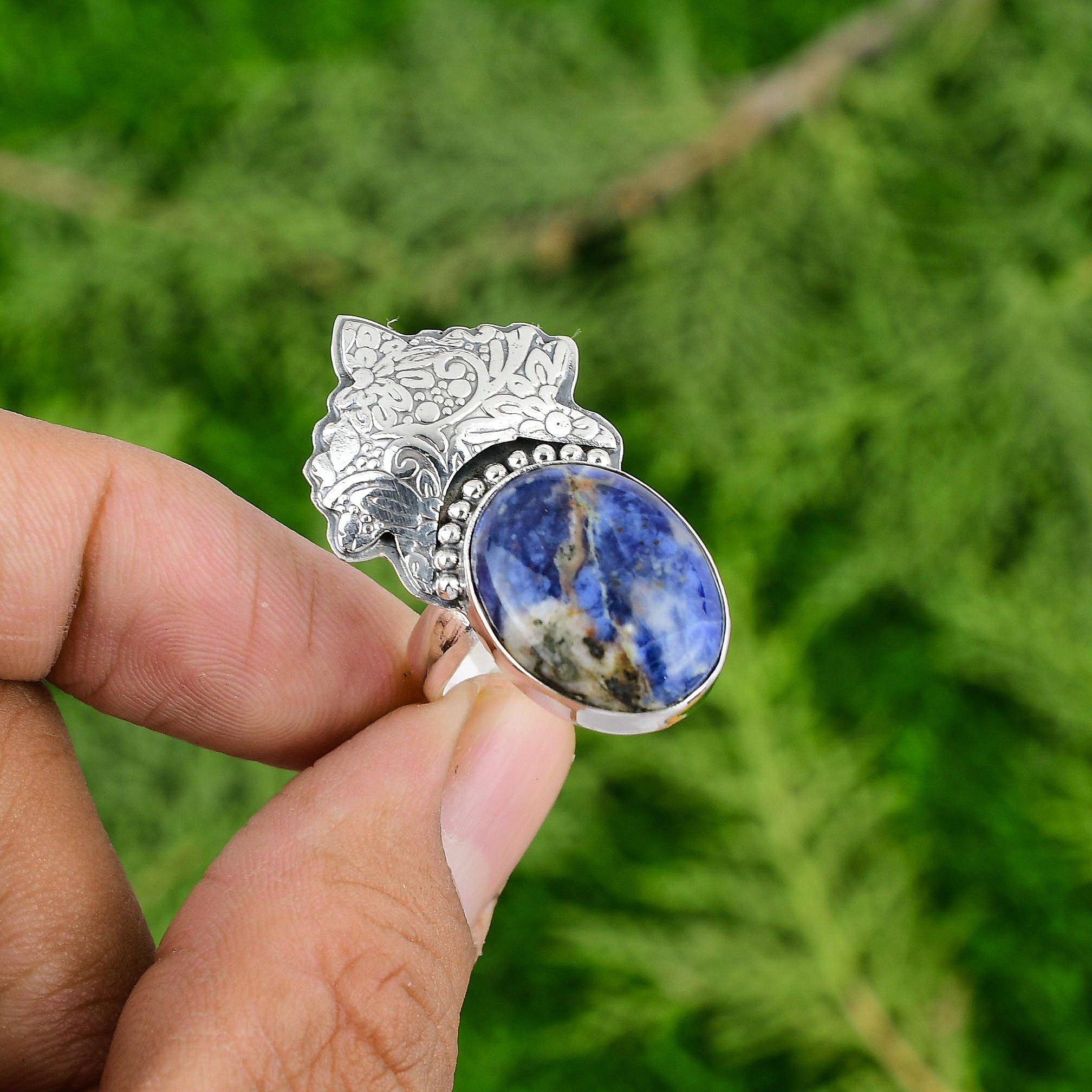 925 Silver Oval Sodalite Gemstone Statement Sister Promise Third Eye Chakra Ring