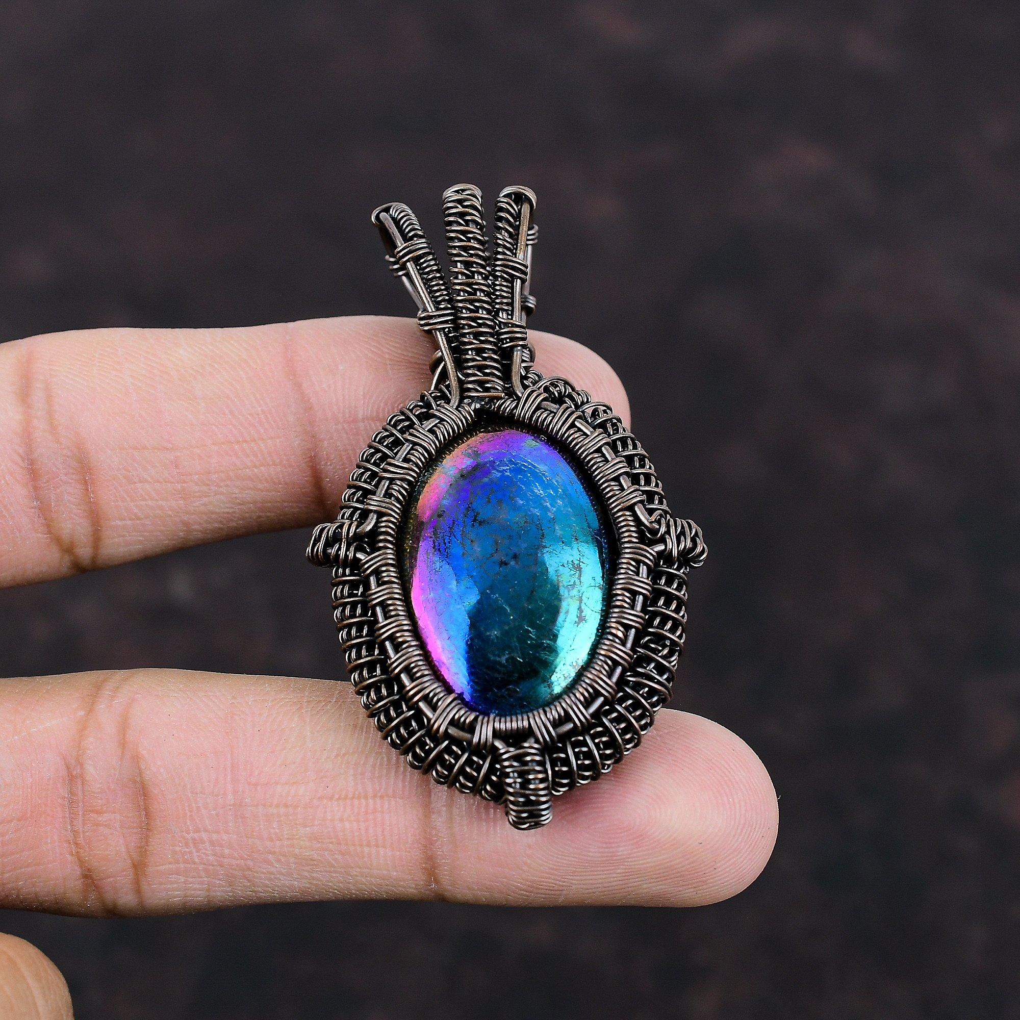 Мистический огонь, подвеска из лабрадорита, медная проволока, кулон с драгоценным камнем, медные украшения ручной работы, уникальный кулон, проволочная обмотка, ювелирный подарок для женщин