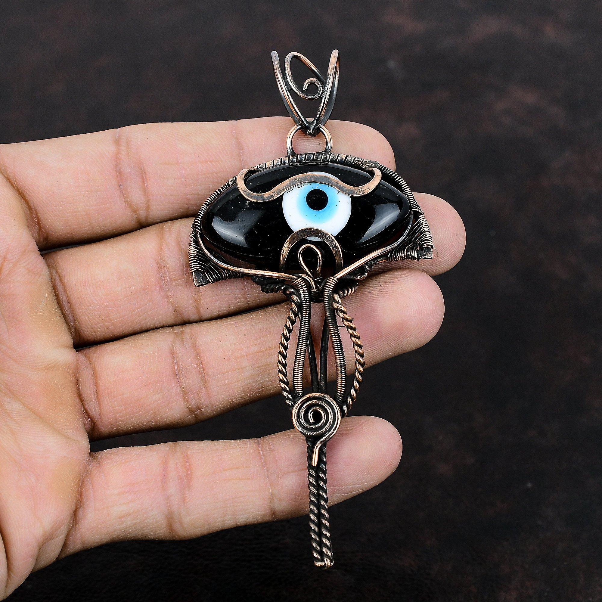 Черный цвет кулон от сглаза, медная проволока, обернутая кулоном, ручная работа, проволока, обернутая ювелирным изделием, драгоценный камень, кулон из меди, ювелирное изделие, подарок для него