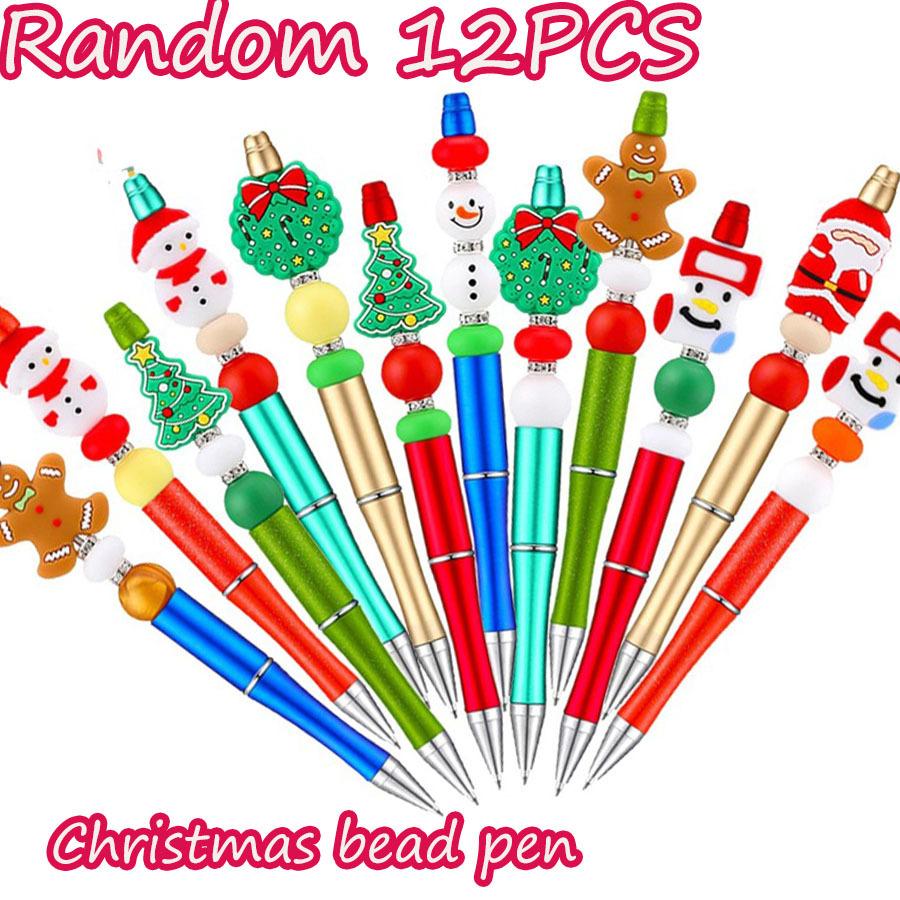 12PCS Red Green Christmas Bead Ballpoint Pen, Santa Claus Snowman Pine Tree Rotating Black Pen,Student Writing Stationery Office Signature Pen Supplie