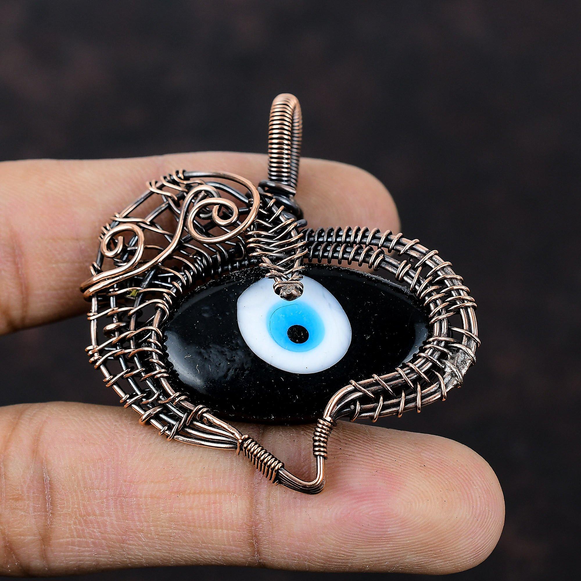 Черный цвет кулон от сглаза, обернутый медной проволокой, подвеска с драгоценным камнем, стильный кулон, медная проволока, ювелирное изделие, подарок для мамы, этнические подвески ручной работы