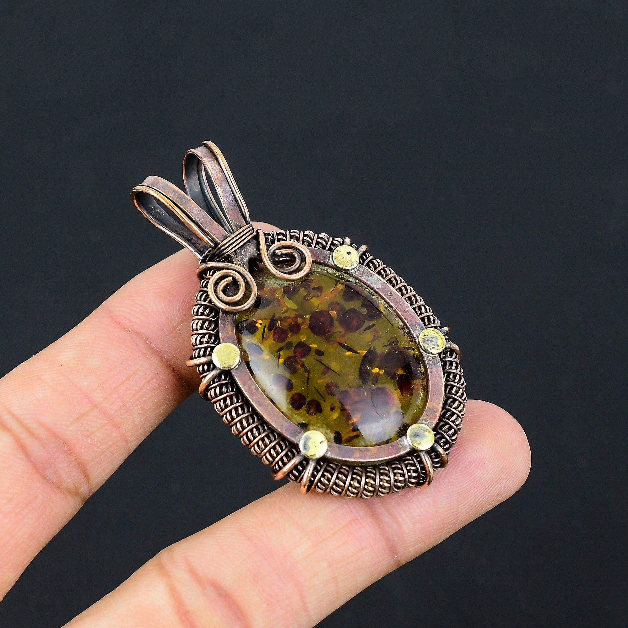 Балтийский Янтарный Драгоценный Камень Чистая Медная Проволока Обернутая Ювелирные Изделия Кулон Ручной Работы