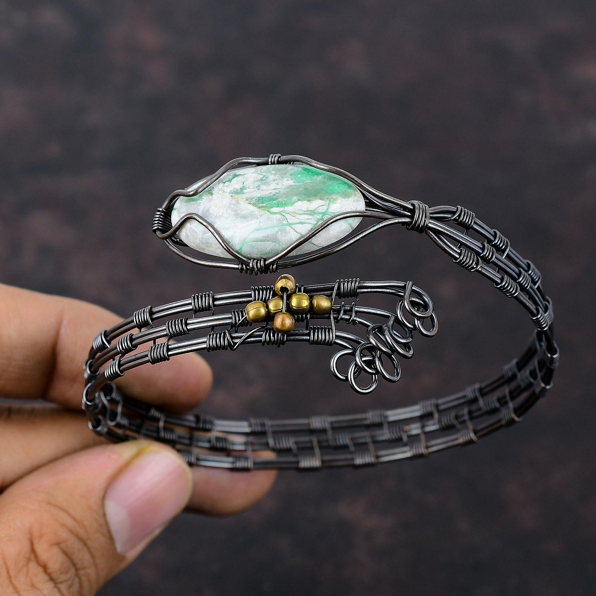 Варисцитовый браслет-манжета, обмотанный медной проволокой, ручной работы, браслет-манжета с драгоценным камнем, медные украшения, регулируемый браслет для подарка, украшения из проволоки