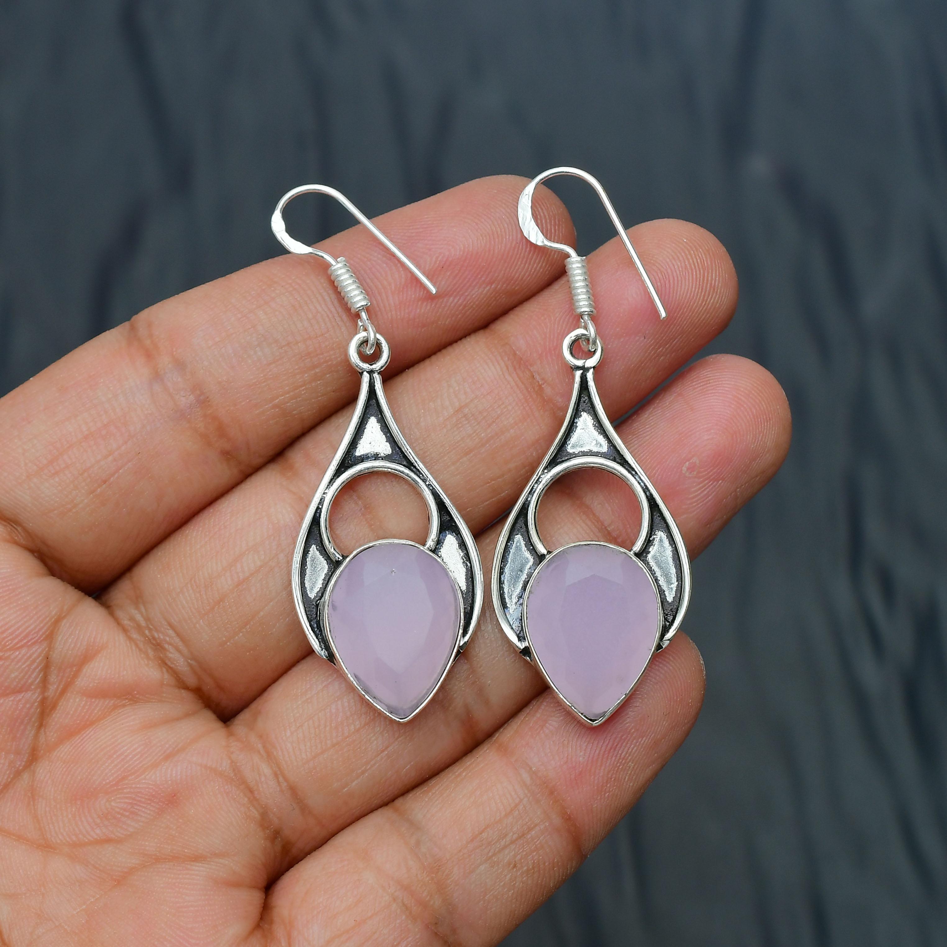 Rose Chalcedony Gemstone Handmade 925 Sterling Silver Jewelry Earring