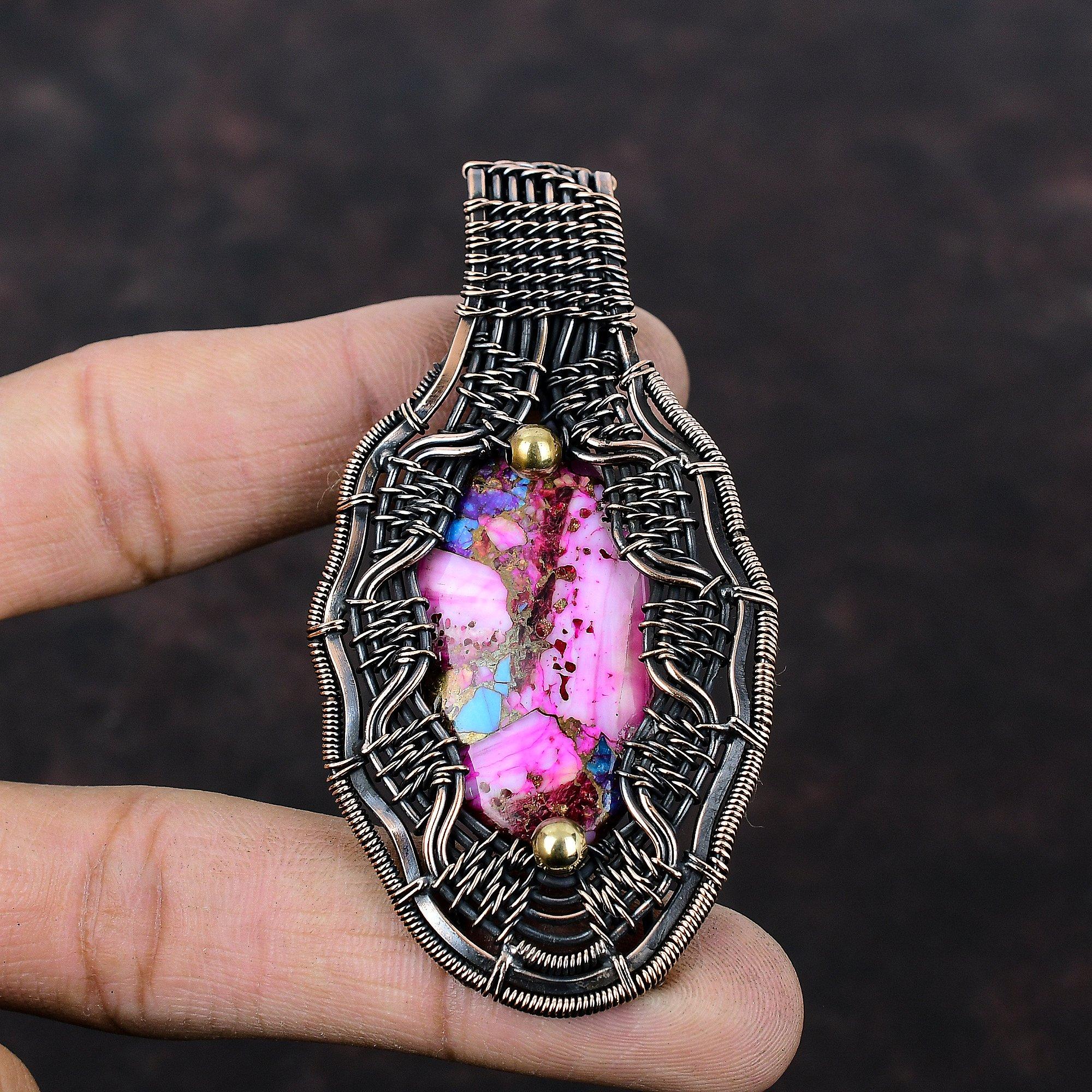 Натуральный Кингман Розовый Георгин Бирюзовый Кулон Медная Проволока Обернутый Кулон Драгоценный Камень Медные Украшения Ручной Работы Wire Wrap Украшения Подарок Для Женщин