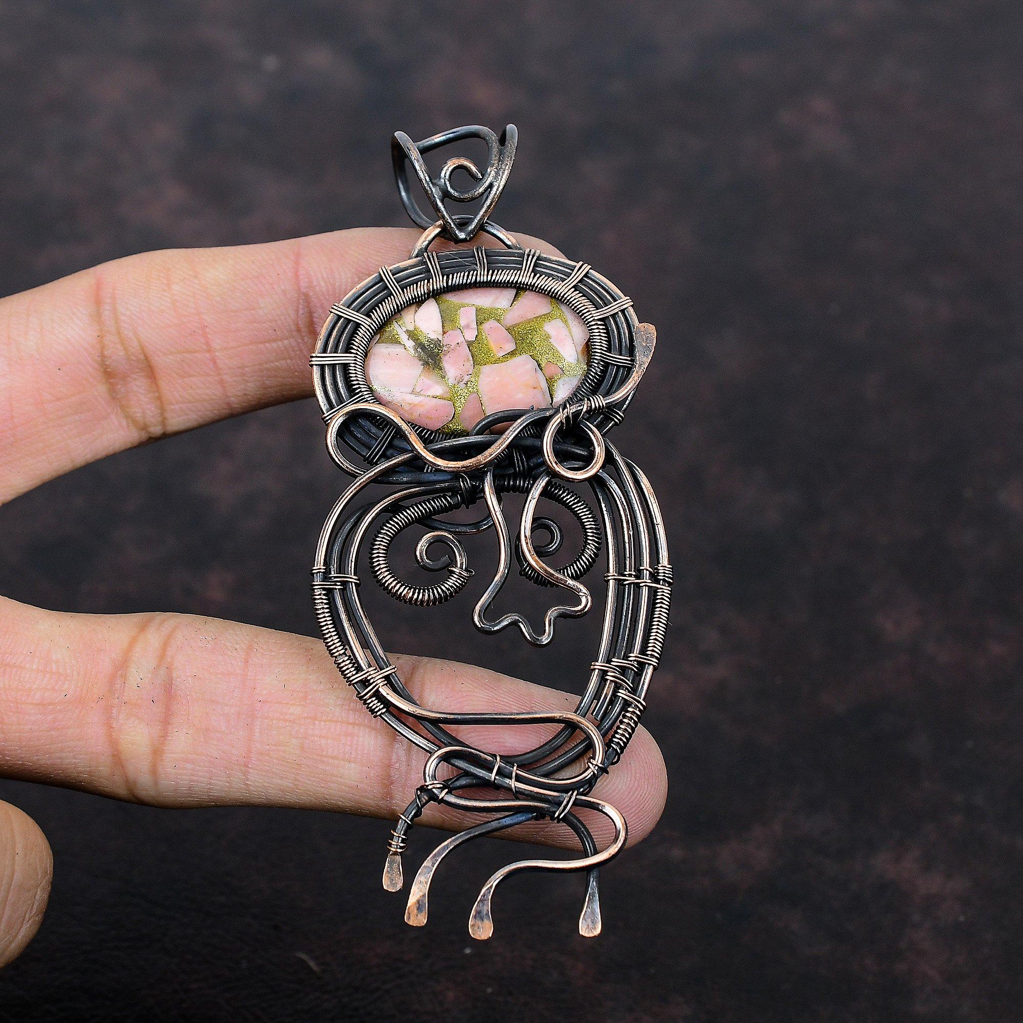 Медный Кулон с Розовым Опалом Медная Проволочная Оправа Ювелирные Изделия Кулон с Драгоценным Камнем Стильный Кулон Украшения Ручной Работы Медная Проволочная Оправа Кулон Подарок Для Неё