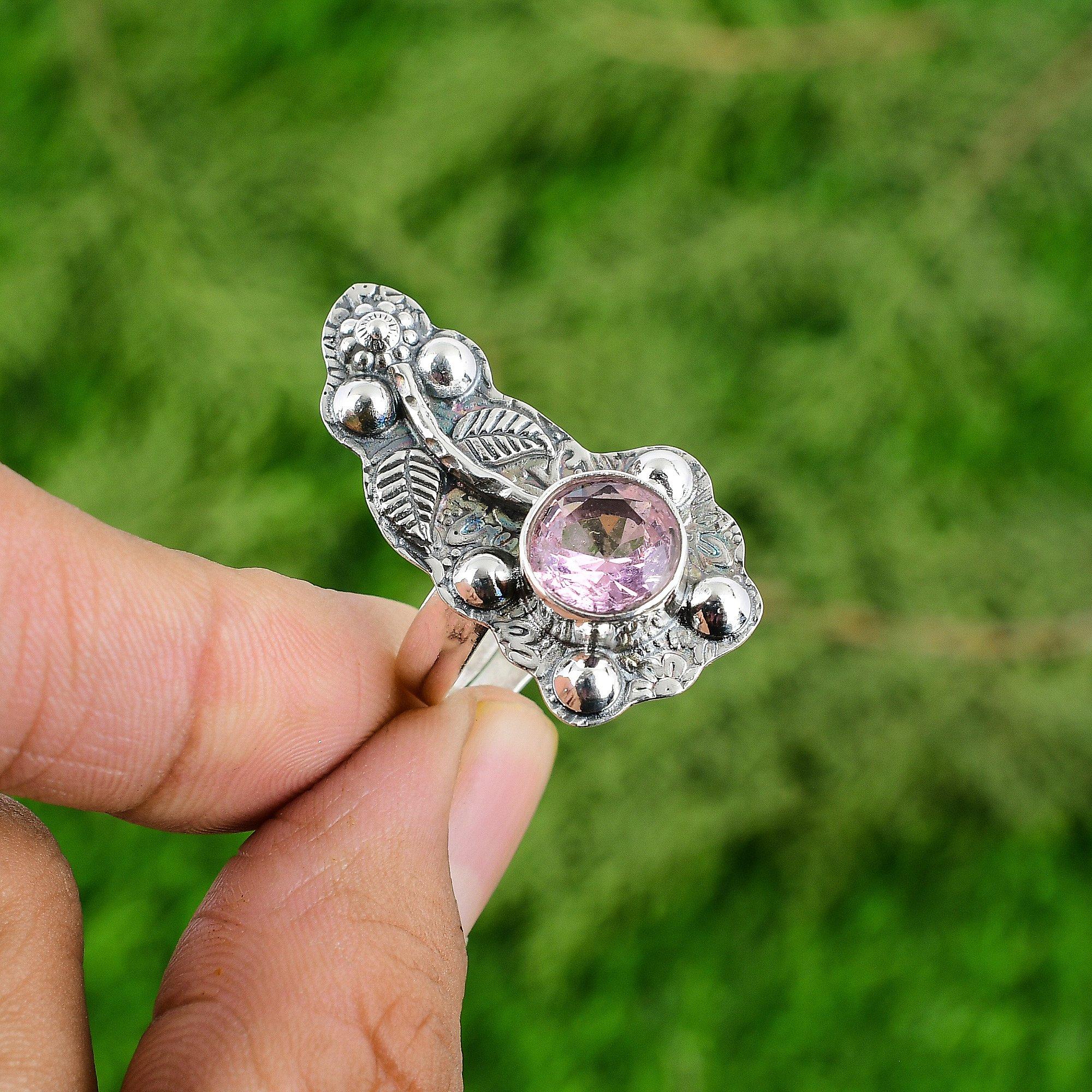 Round Natural Pink Topaz Statement Wife Flower Elegant Ring 925 Sterling Silver