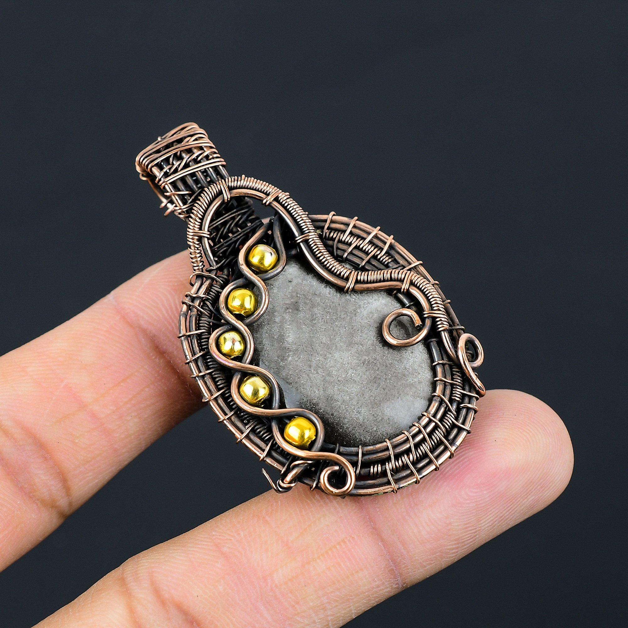 Серебряный блеск обсидиана драгоценный камень чистая медная проволока обернутая ювелирные изделия ручной работы кулон для подарка