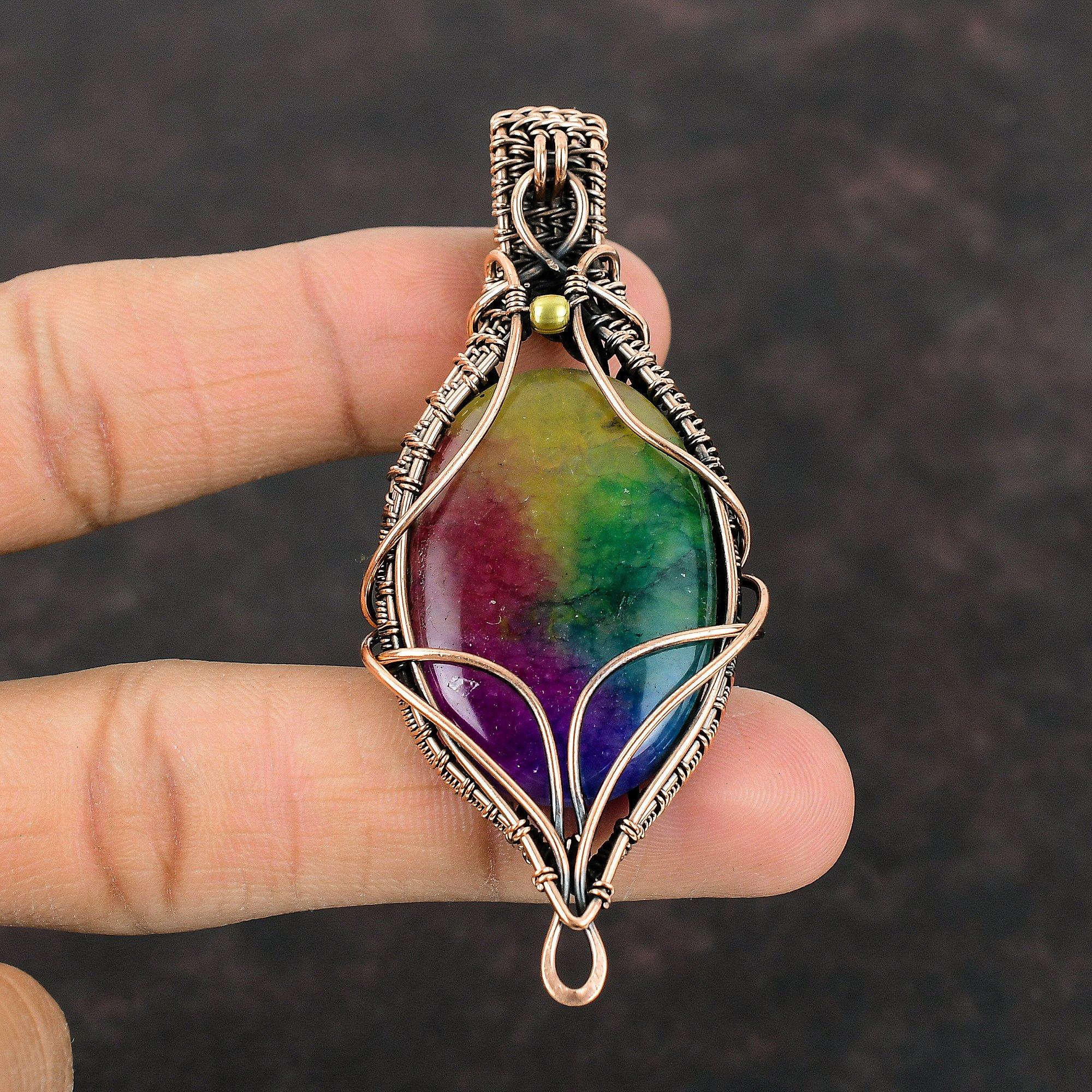 Rainbow Solar Quartz Druzy Pendant Copper Wire Wrapped Pendant Gemstone Jewelry Handmade Pendant Gift For Women Unique Copper Design Jewelry