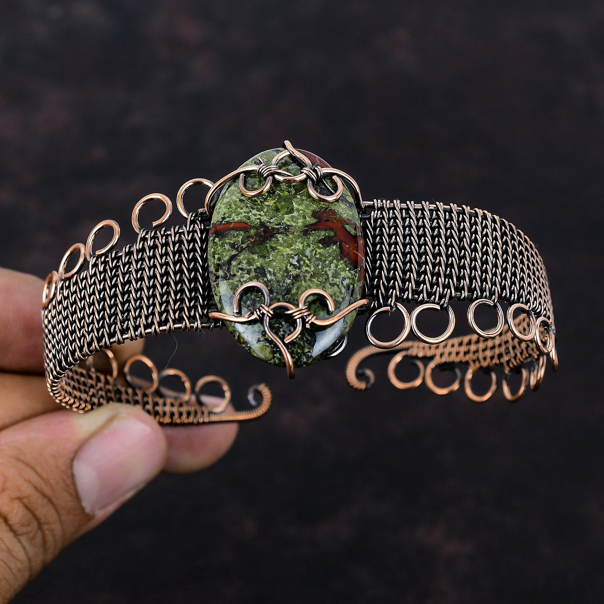 Dragon Bloodstone Copper Bangle Wire Wrapped Gemstone Cuff Bracelet Adjustable Bangle Wire Wrap Jewelry Handmade Copper Jewelry Gift For Her