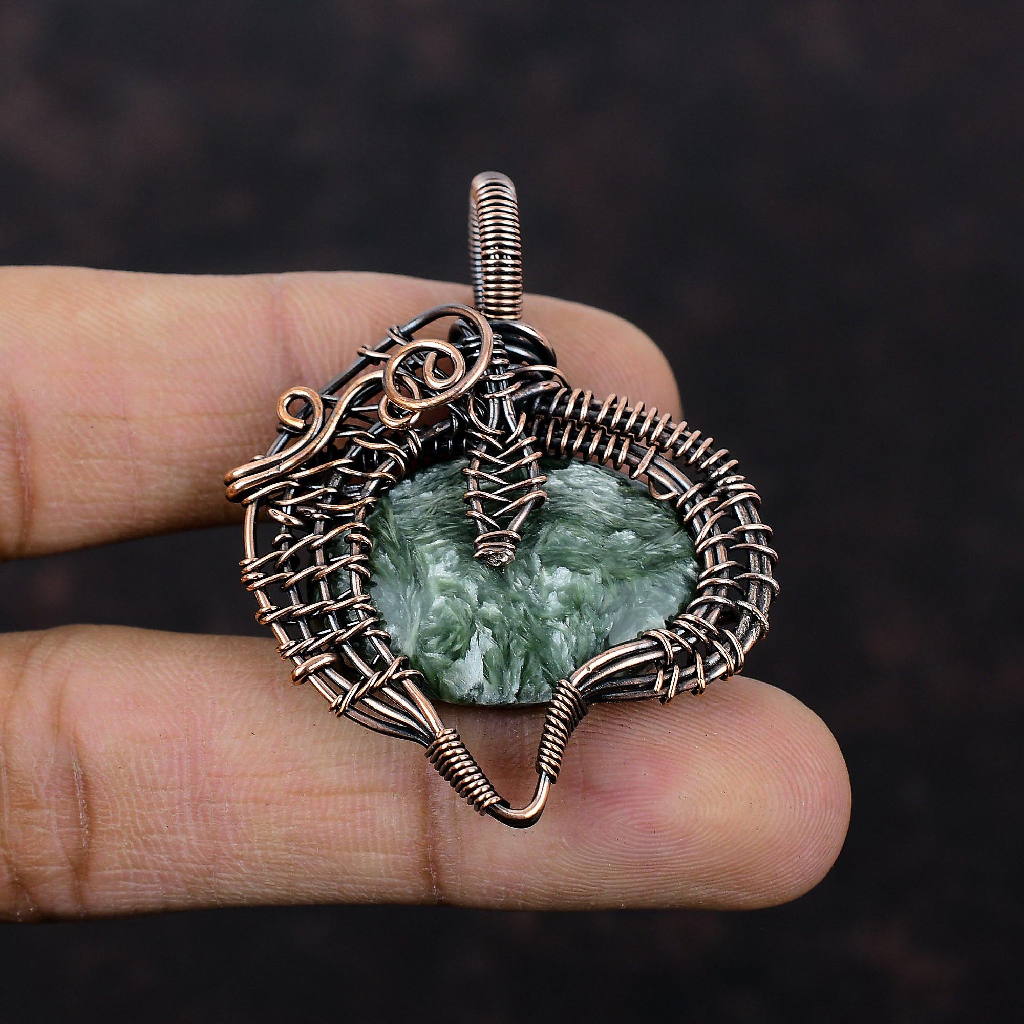 Подвеска из серафинита, обернутая медной проволокой, драгоценный камень, подвеска ручной работы, обернутая проволокой, уникальный медный дизайн, подвеска, подарок на годовщину