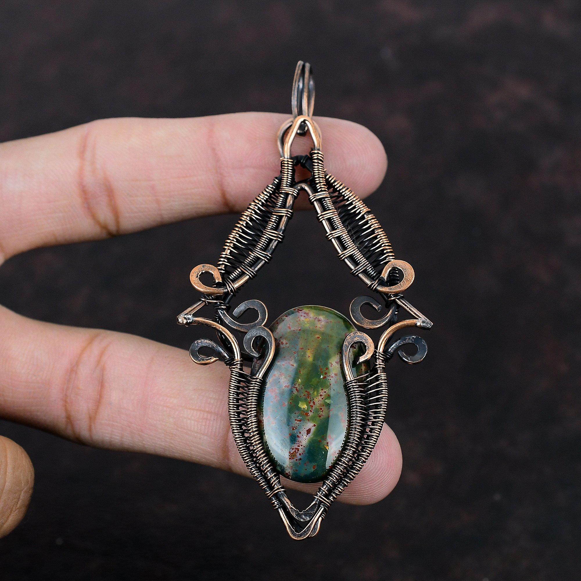 Подвеска Bloodstone, подвеска из медной проволоки, приличный кулон, ювелирное изделие из меди ручной работы, подвеска из драгоценного камня для нее, ювелирное изделие из проволоки для подарка