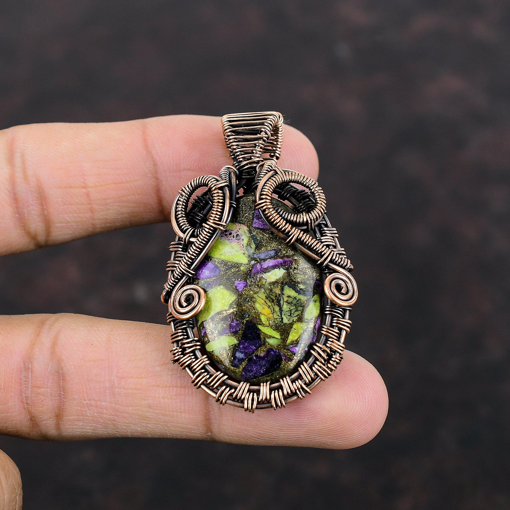 Медный кулон-стихтит, кулон из медной проволоки, изысканные ювелирные изделия, кулон с драгоценным камнем, медные украшения ручной работы, подарок для нее, ювелирные изделия из проволочной обмотки