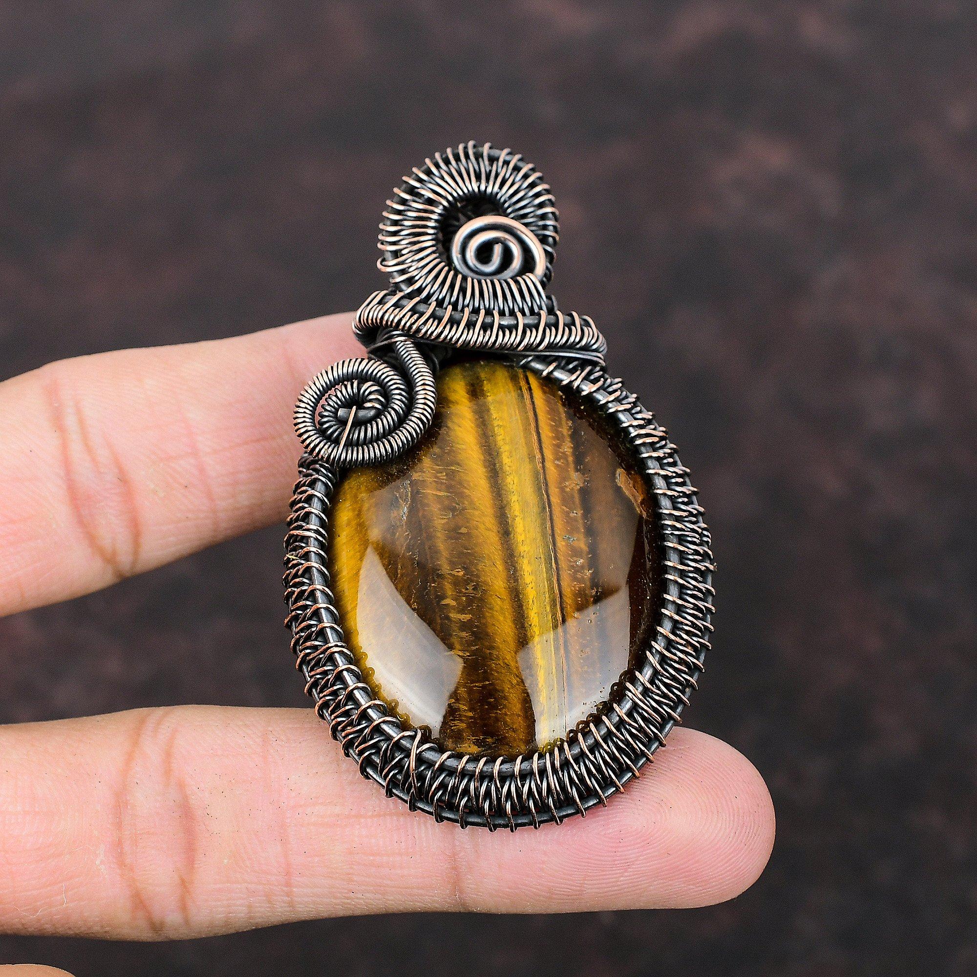 Подвеска из медной проволоки с тигровым глазом, подвеска из натурального драгоценного камня, ручная работа, медные украшения, подарок для матери, ювелирные изделия в обертке, абсолютно новый кулон