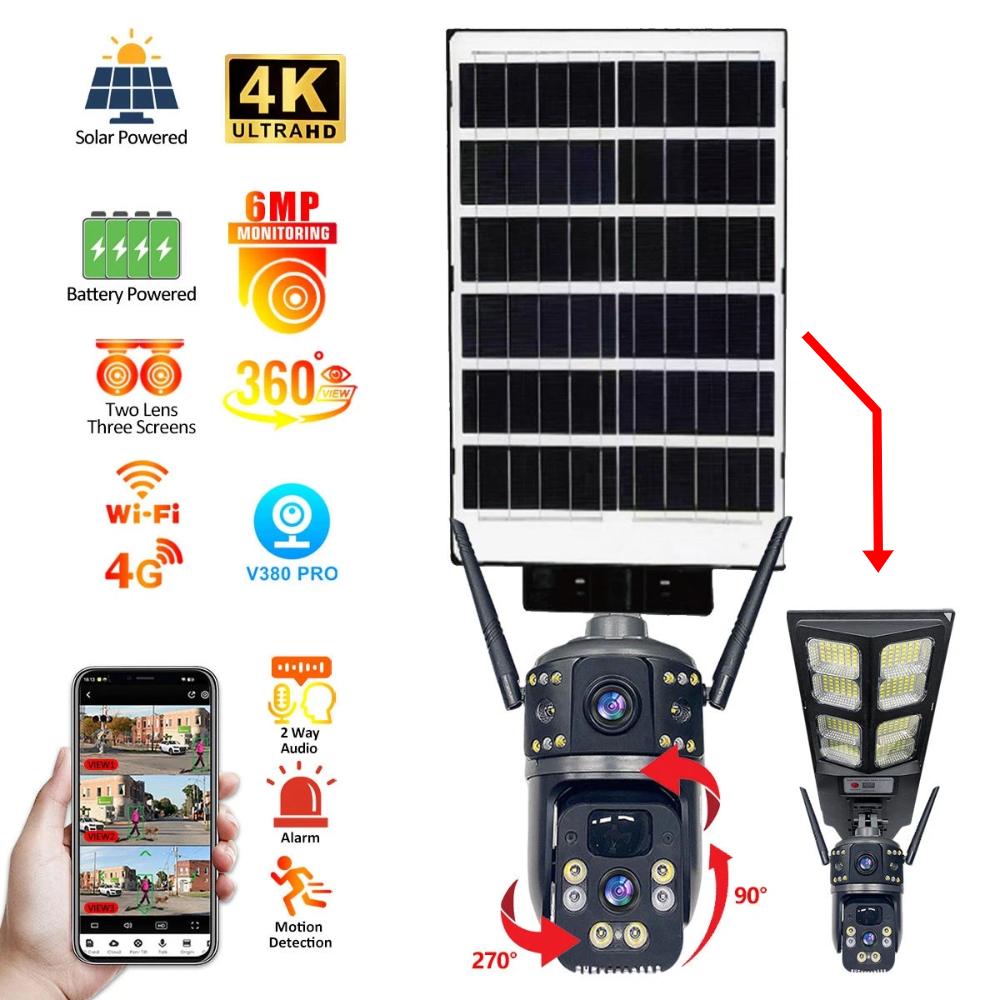 Multi-functional Solar Street Light with PIR Sensor Dual-lens Monitoring, Intelligent Lighting, Wireless WIFI/4G Camera
