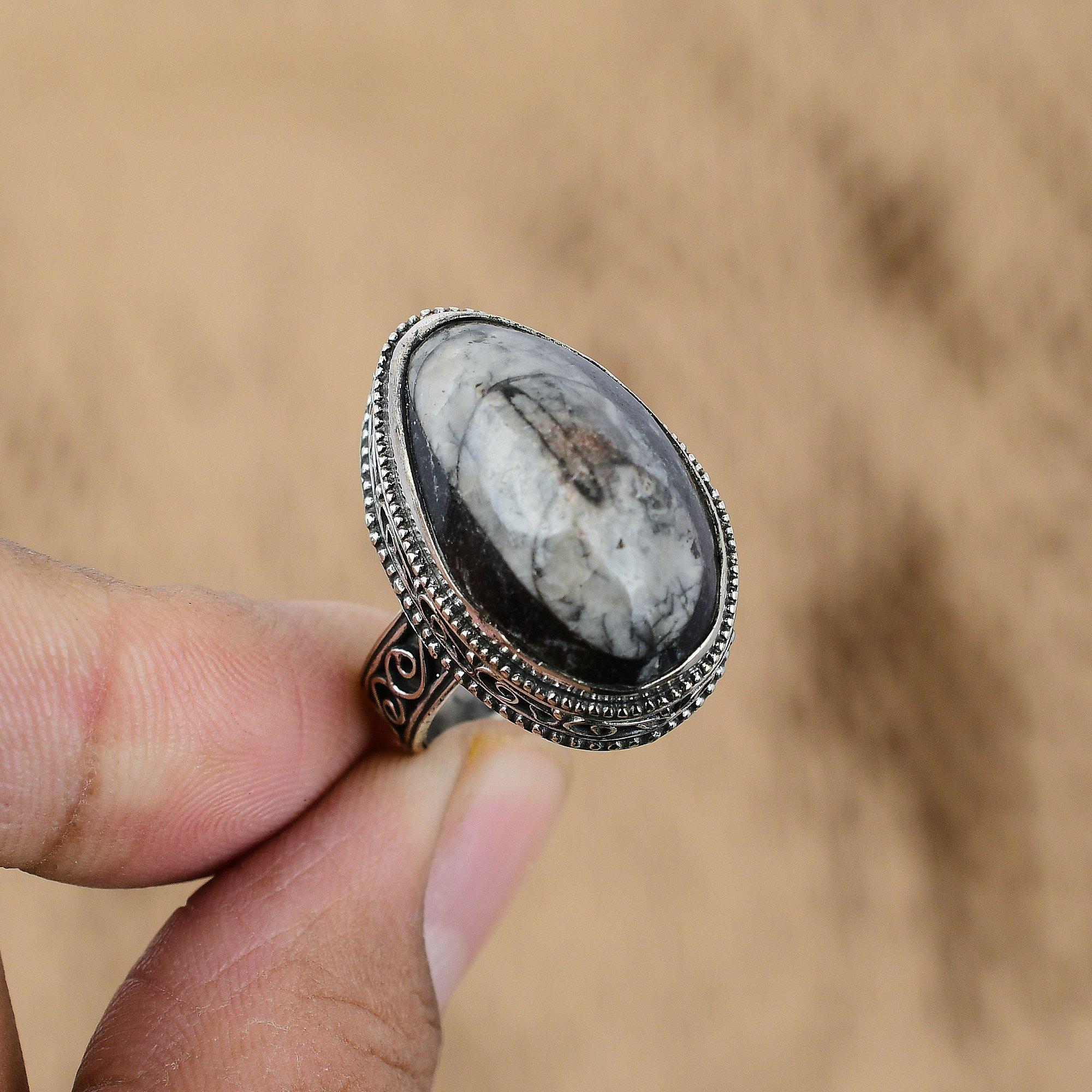 Натуральный ископаемый ортоцерас Многокаменный Винтажное Серое Кольцо Размер 9 Серебро 925 пробы