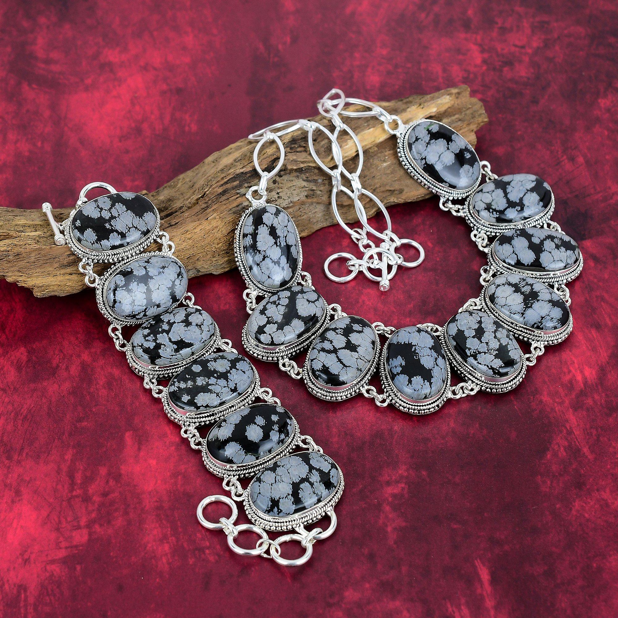 Snowflake Obsidian Handmade Jewelry Set, 925 Solid Sterling Silver Jewelry, Beauteous Unique Design Bracelet & Necklace Set For Her