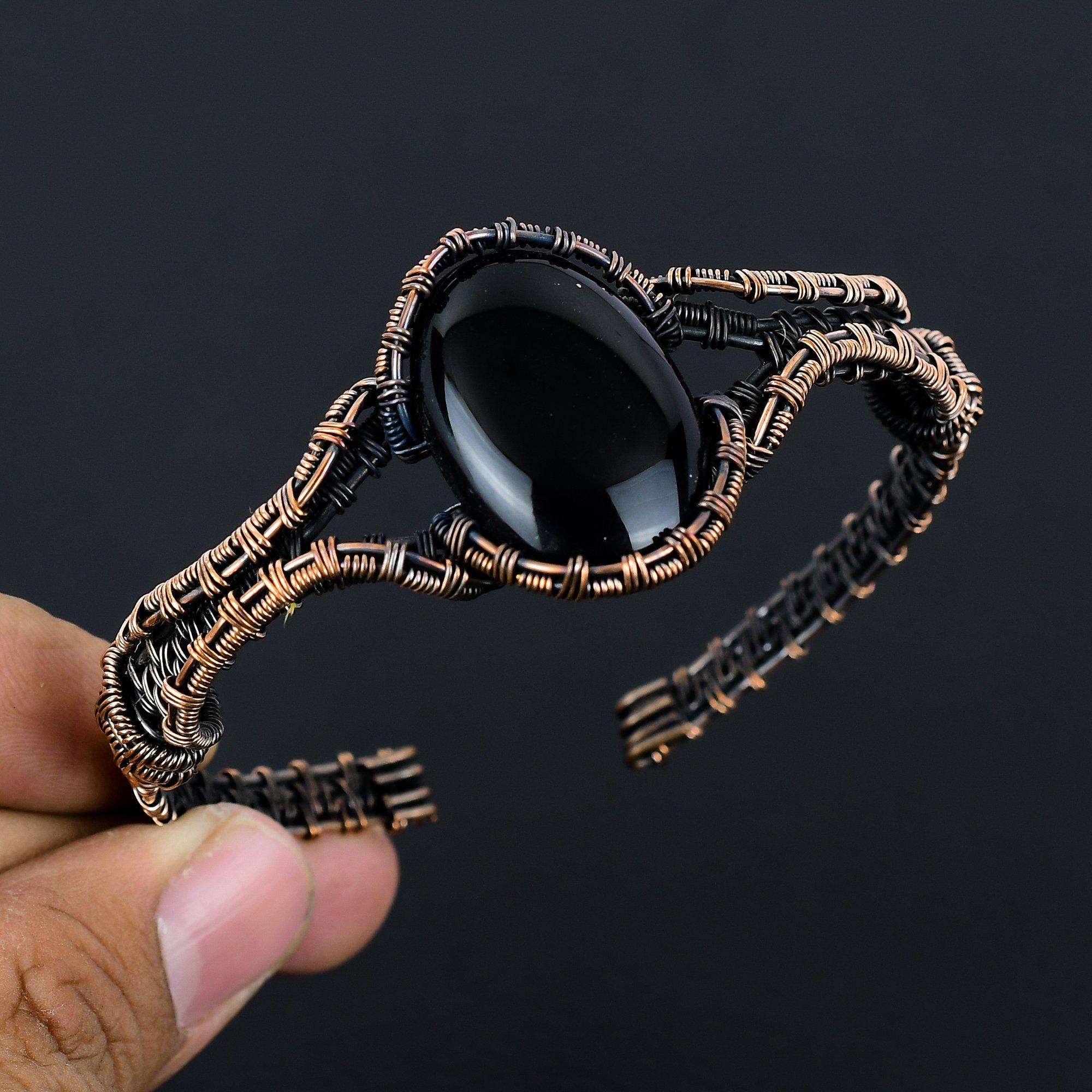 Прекрасный черный оникс, драгоценный камень, медная проволока ручной работы, регулируемый браслет для нее