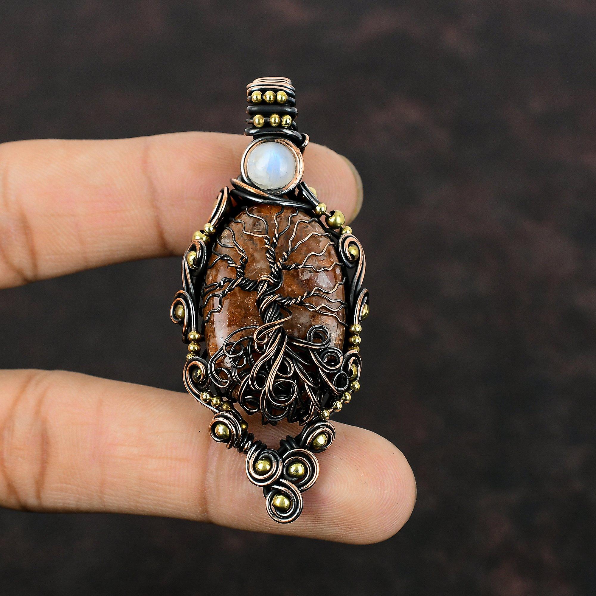 Tree Of Life Sunstone Pendant Copper Wire Wrapped Gemstone Pendant Rainbow Moonstone Pendant Copper Jewelry Gift For Him Handmade Pendants