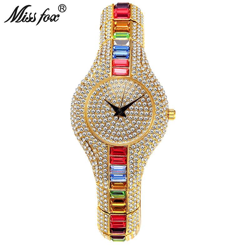 Часы MISSFOX для женщин, роскошные, Iced Out Bling, кварцевые наручные часы, модные, радужные, с бриллиантами, ювелирные изделия, женские часы