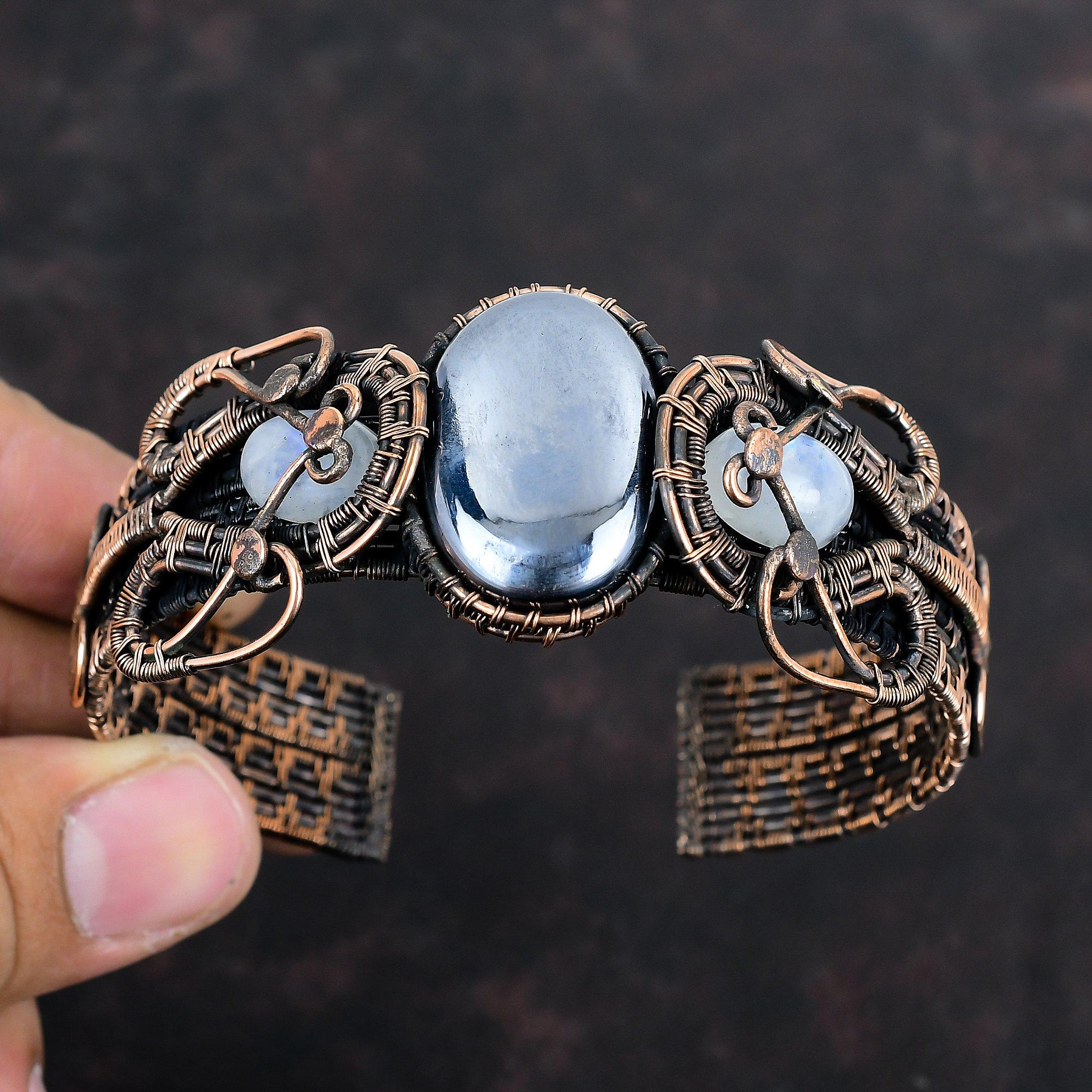 Браслет-манжета из шунгита, браслет-манжета из медной проволоки, браслет из радужного лунного камня, регулируемый браслет-манжета, ювелирные изделия ручной работы из драгоценных камней, подарки для нее