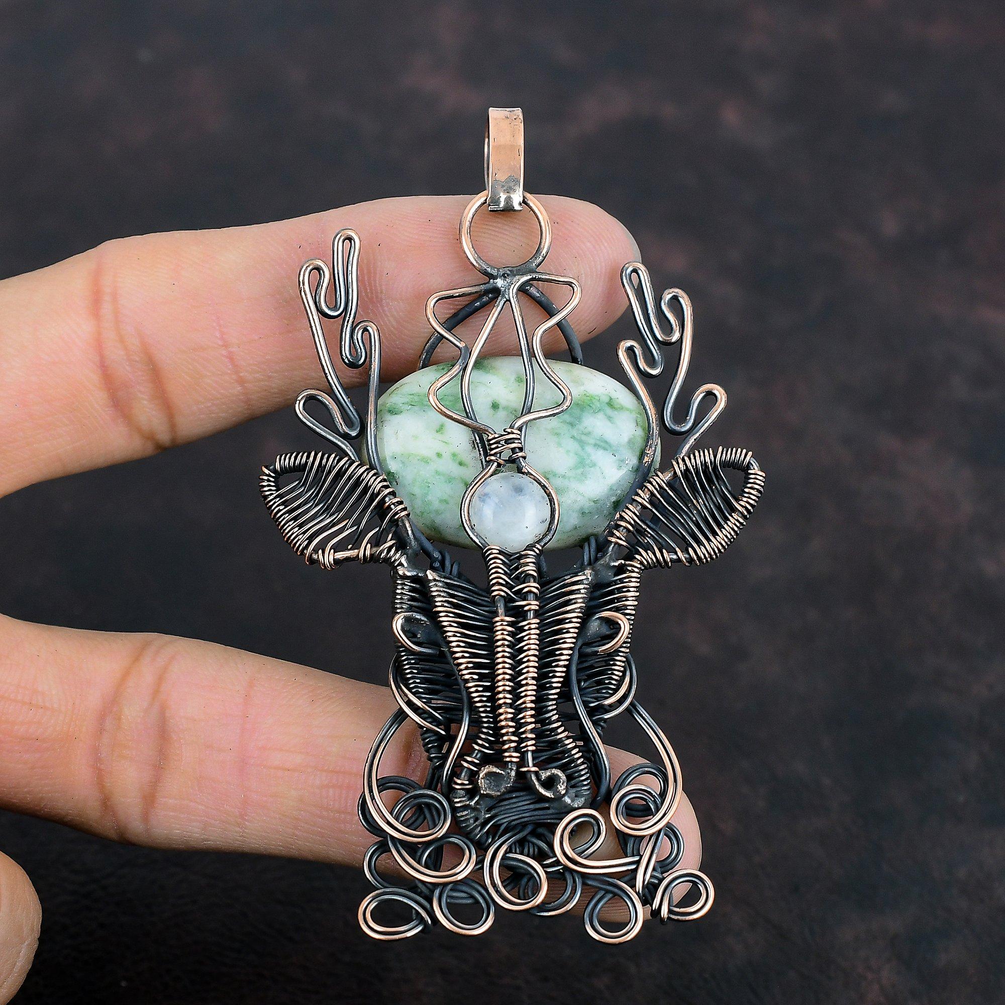 Подвеска из древесного агата, подвеска из радужного лунного камня, подвеска из медной проволоки, ювелирные изделия из драгоценных камней, подвеска в виде оленьей морды, подвеска ручной работы, подарки для жены