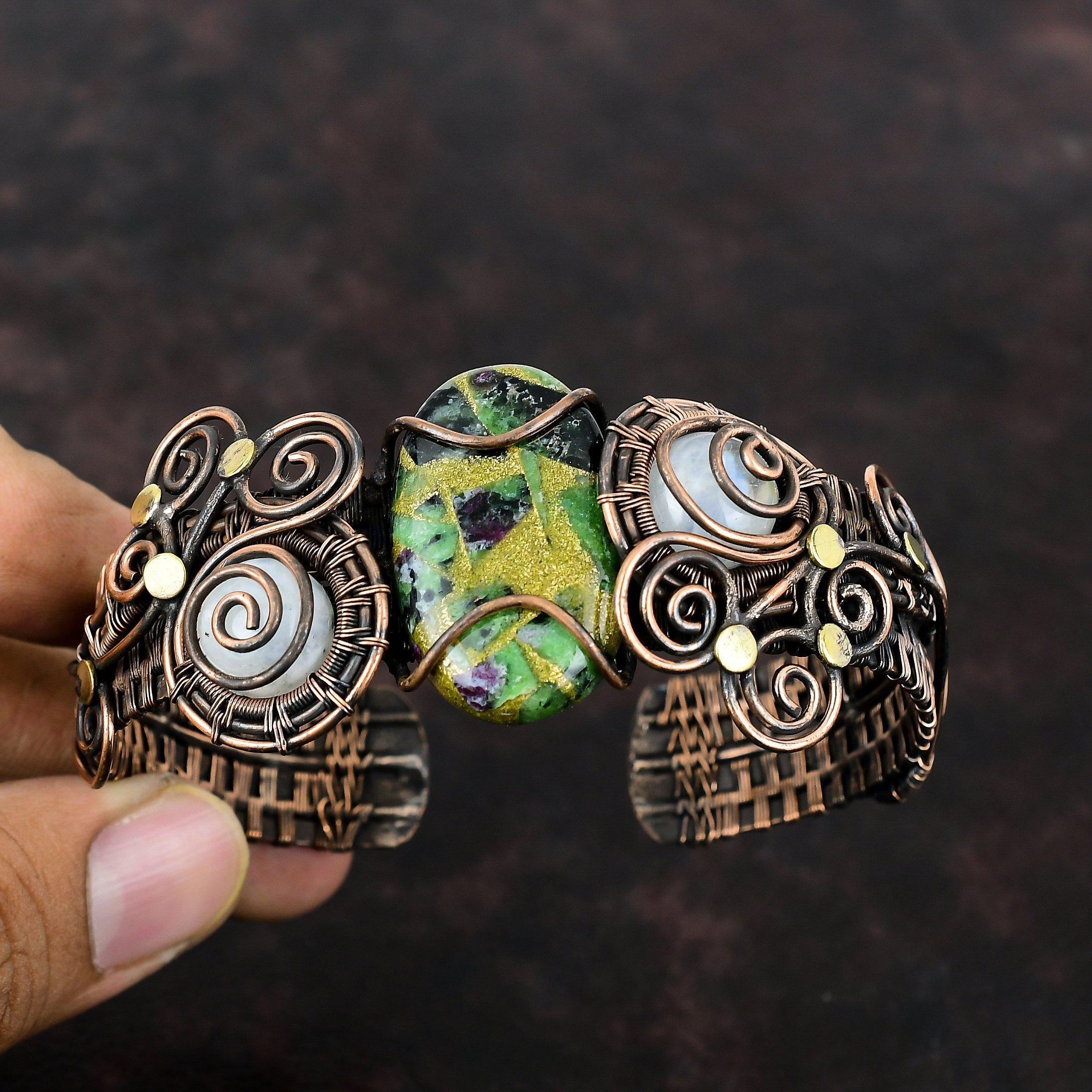 Браслет-манжета с медным рубином и цоизитом, браслет с радужным лунным камнем, манжета с медной проволокой, регулируемый браслет, браслет ручной работы с драгоценным камнем, подарок для мамы