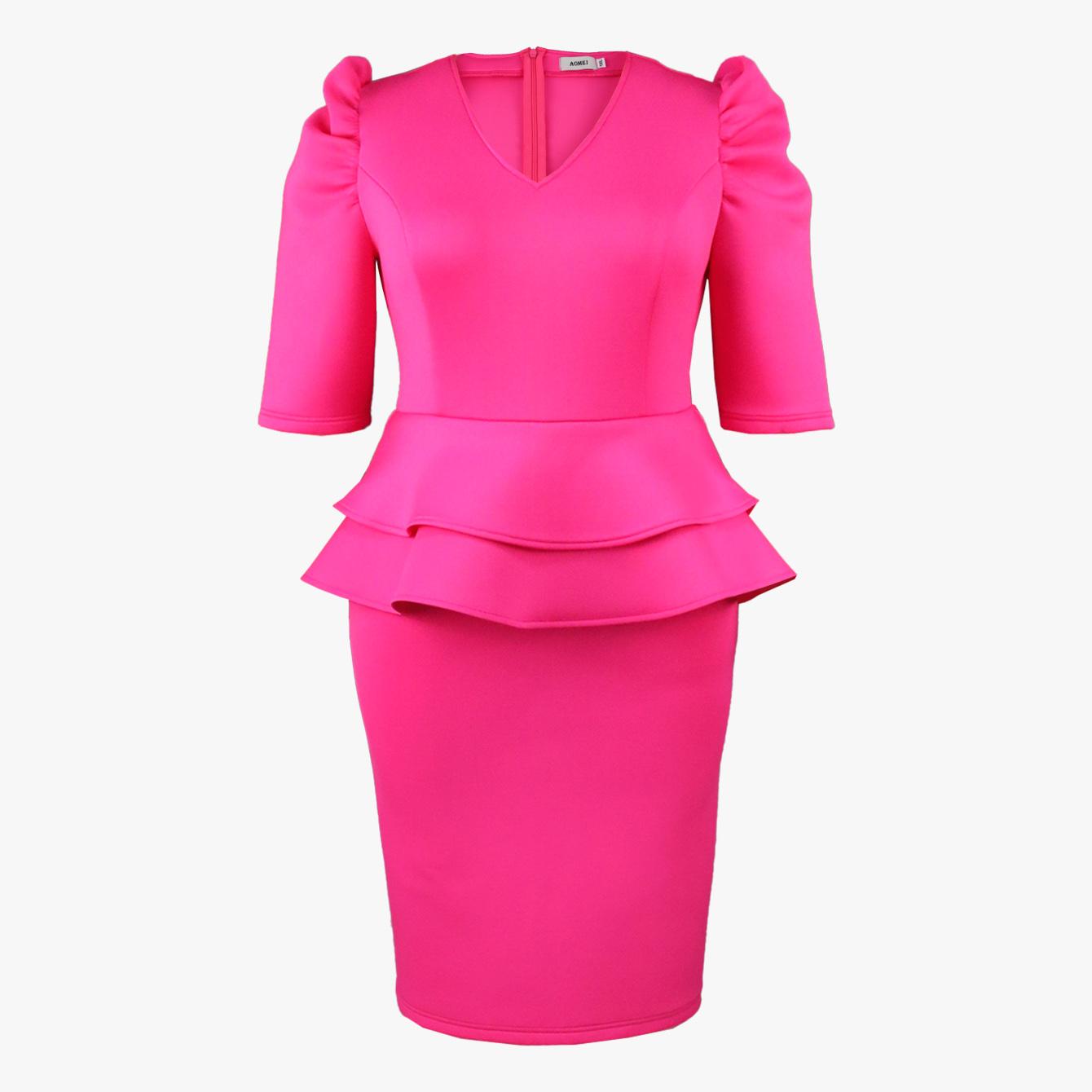 ONTINVA Fuchsia Dresses for Ladies V Neck Puff Half Sleeve Empire Peplum Ruffles Midi Office Work Evening Party Outfits 3XL 4XL