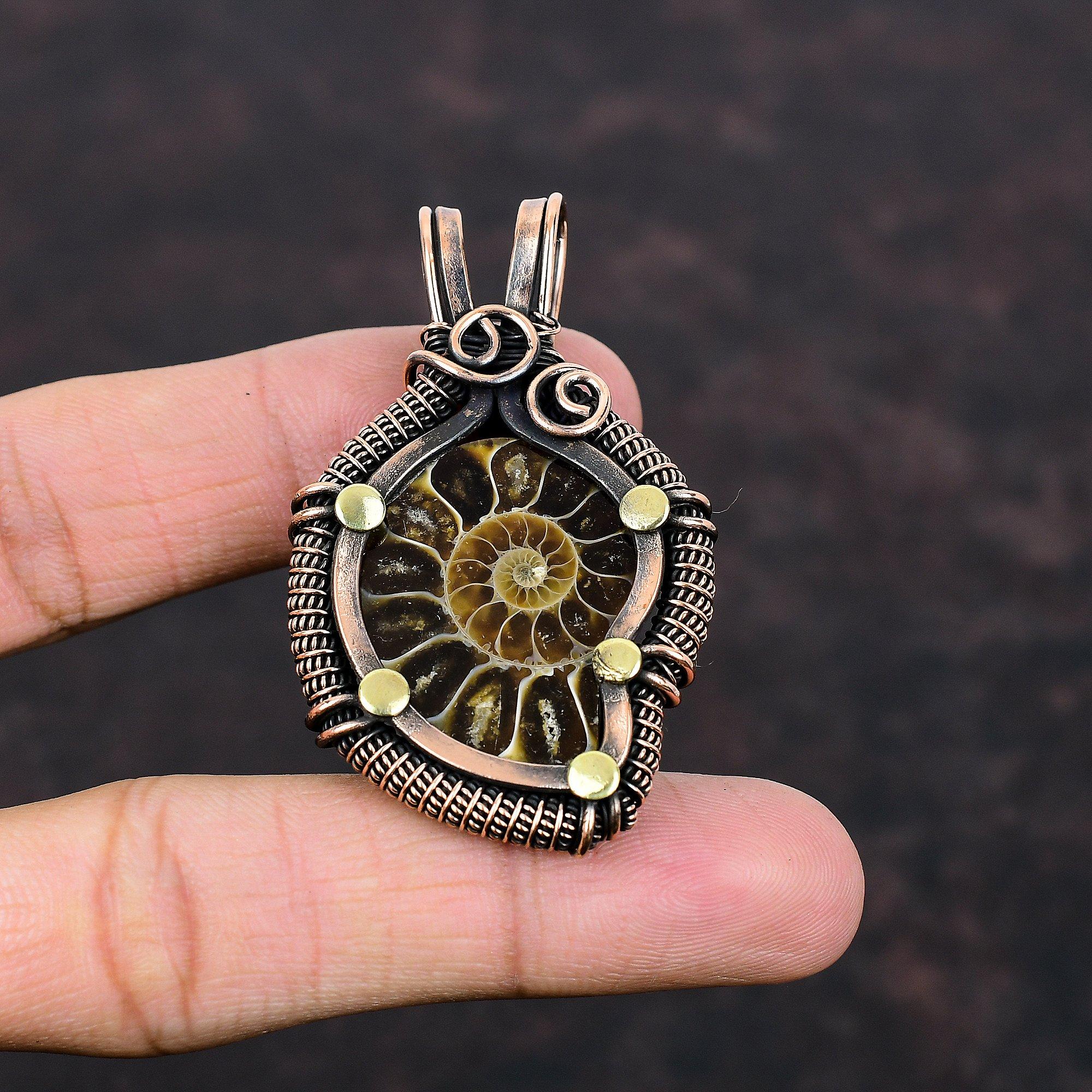 Ammonite Fossil Pendant Copper Wire Wrapped Jewelry Gemstone Copper Pendant Handmade Boho Jewelry Wire Wrapped Pendant Gift For Anniversary