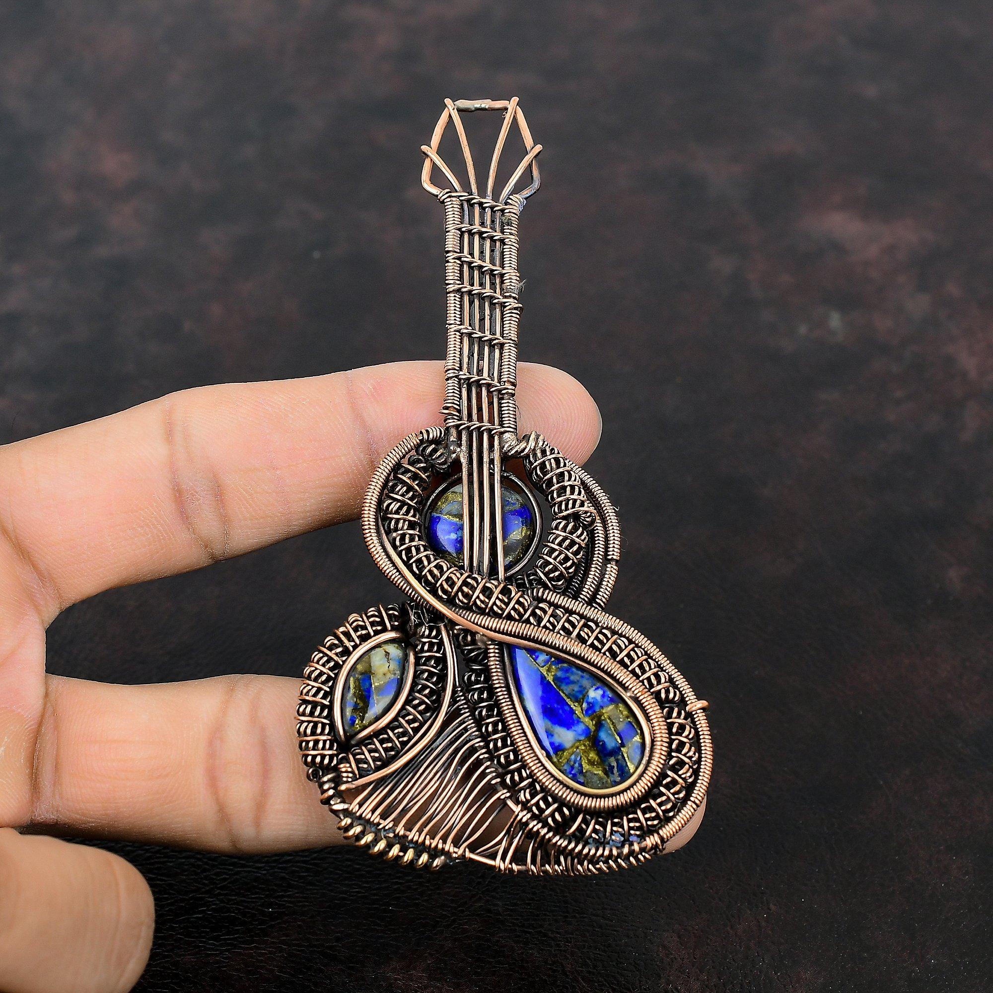 Медный лазуритовый кулон, обернутый медной проволокой, кулон с гитарой и драгоценным камнем, ручная работа, медная проволока, ювелирное изделие, кулон с камнем по рождению, подарок для мамы