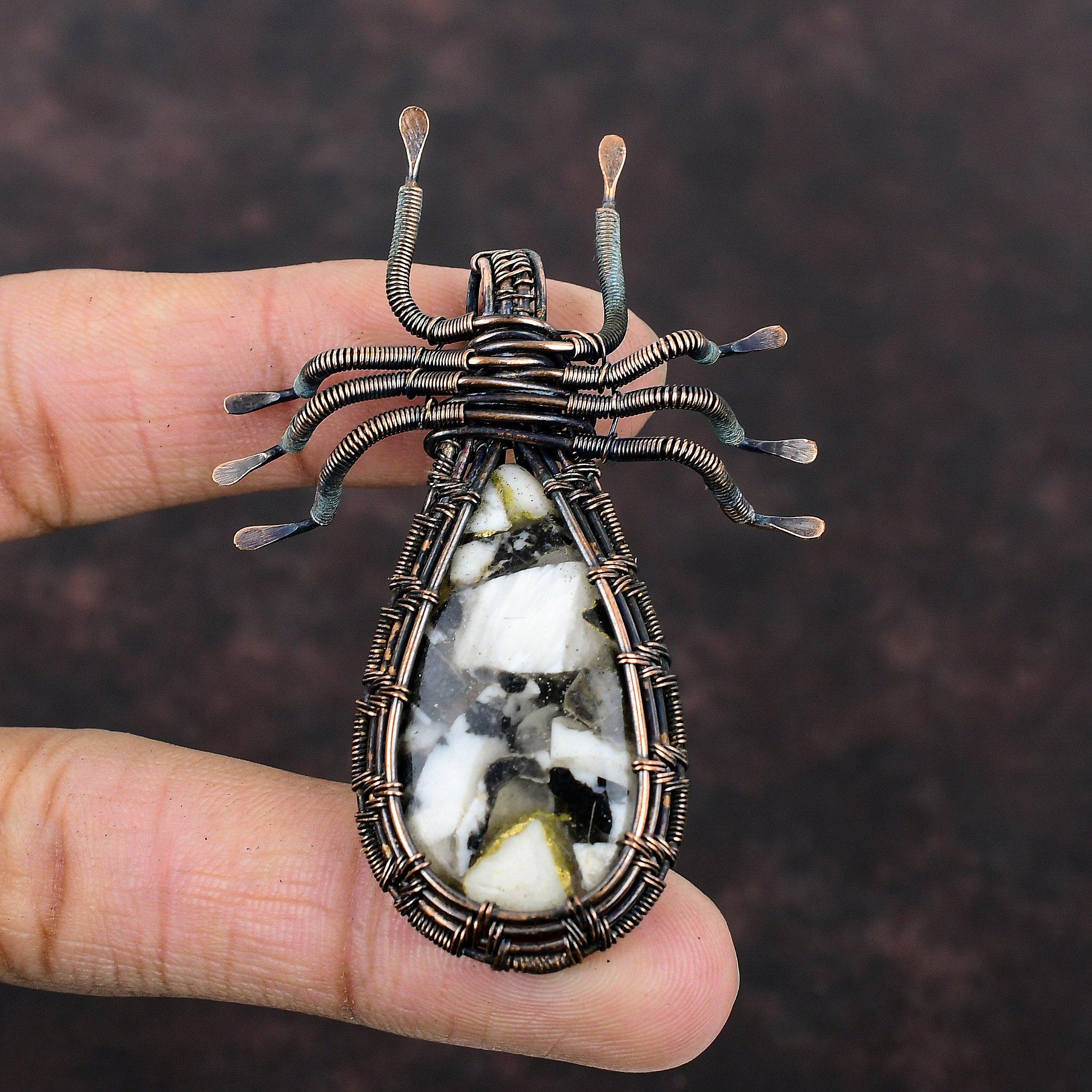 Медный кулон Черный и Белый Бирюзовый Медный кулон с обмоткой из проволоки Драгоценный камень Кулон Паук Медные украшения для подарка Дизайнерский кулон ручной работы