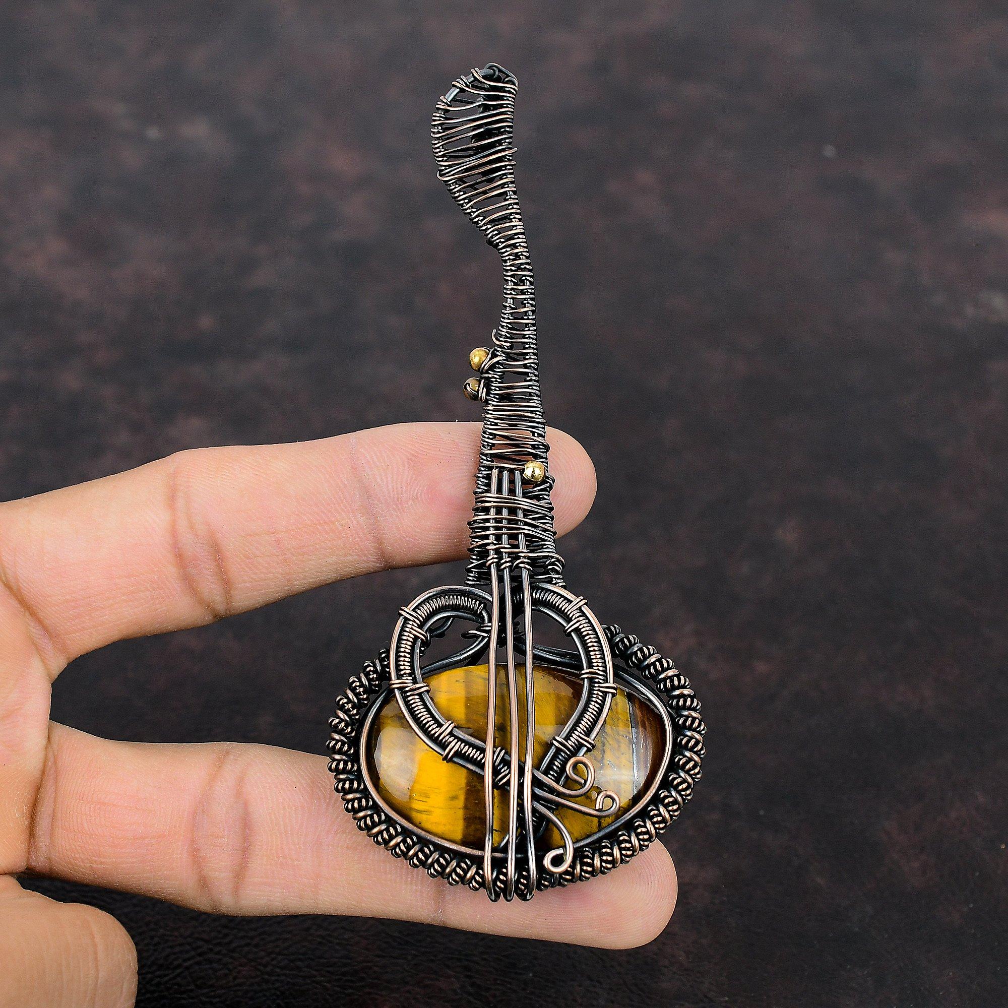 Tiger's Eye Pendant Copper Wire Wrapped Pendant Guitar Pendant Gemstone Copper Jewelry Handmade Women Pendant Gift For Him Wire Wrap Jewelry