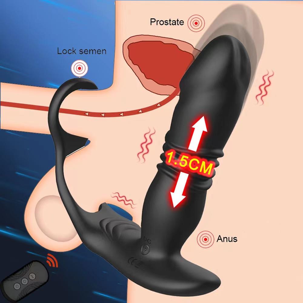 Silicone Anal Vibrator Push Prostate Stimulator Massager Delay Ejaculation Lock Ring Anal Butt Plug Sex Toys Dildo for Men