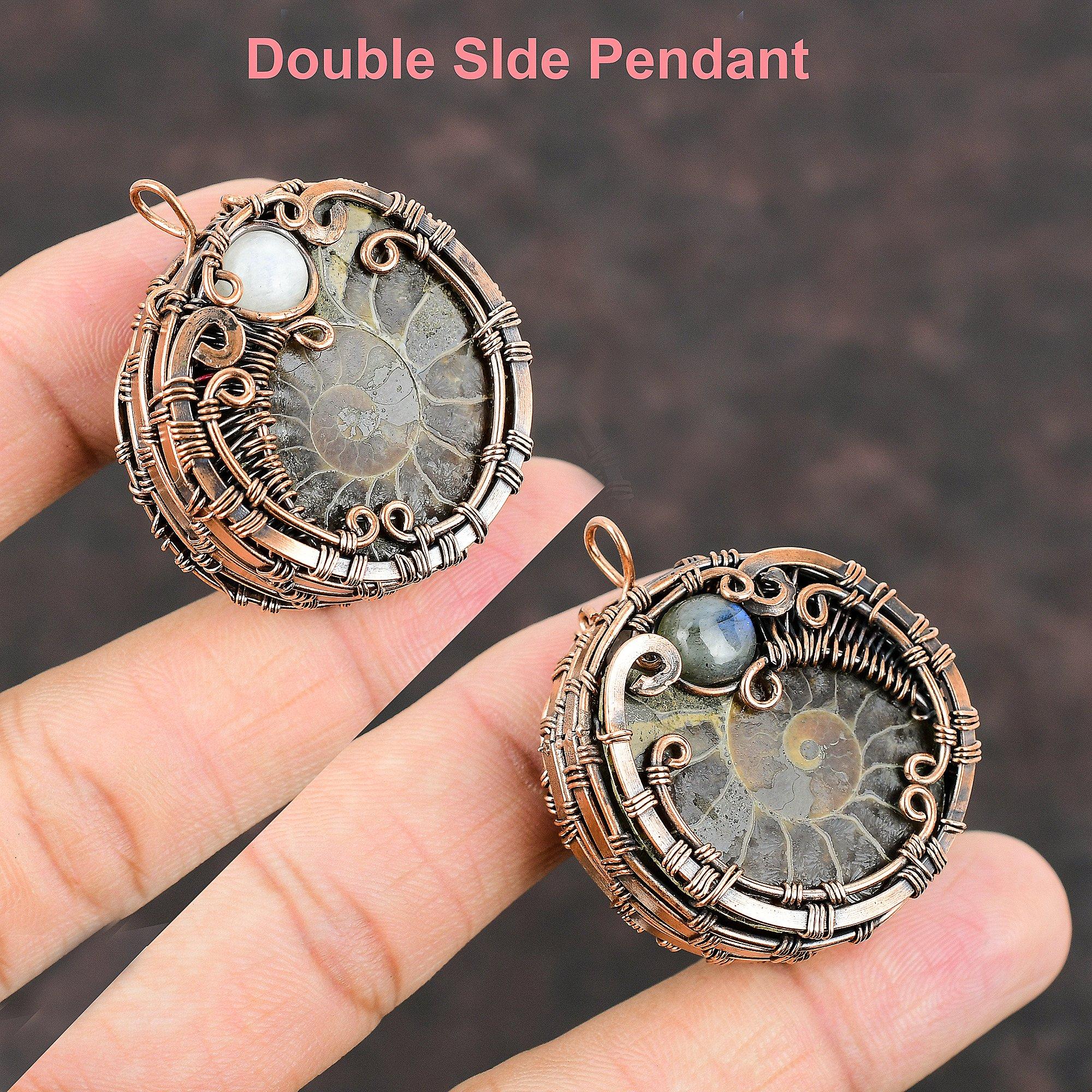 Ammonite Fossil Copper Pendant Copper Wire Wrapped Pendant Rainbow Moonstone Jewelry Handmade Pendant For Gift Labradorite Gemstone Jewelry