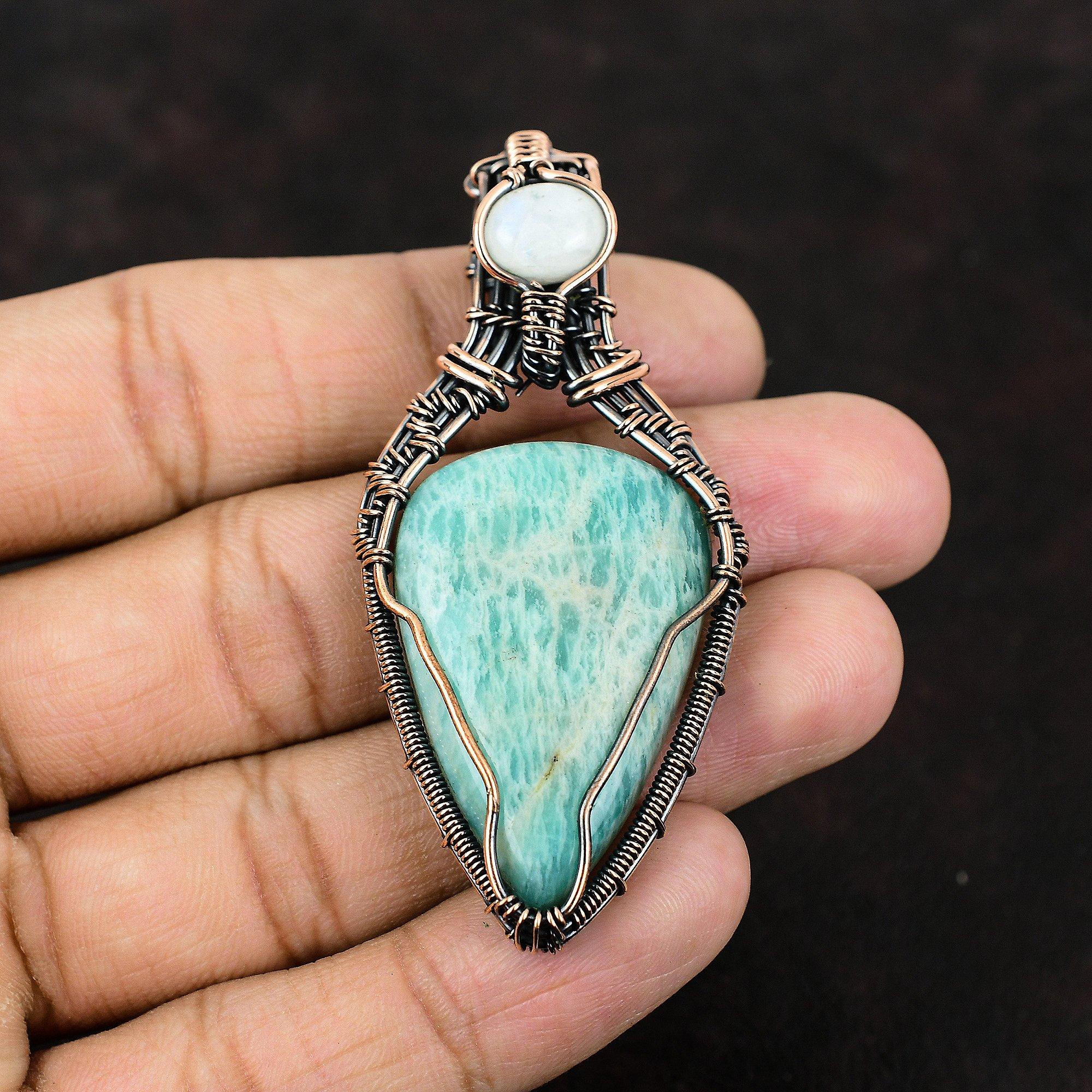 Амазонит Драгоценный камень Медная проволока Обернутая подвеска Радужный лунный камень Ювелирные изделия из медной проволоки Ювелирные изделия ручной работы Дизайнерская подвеска Подарок для нее
