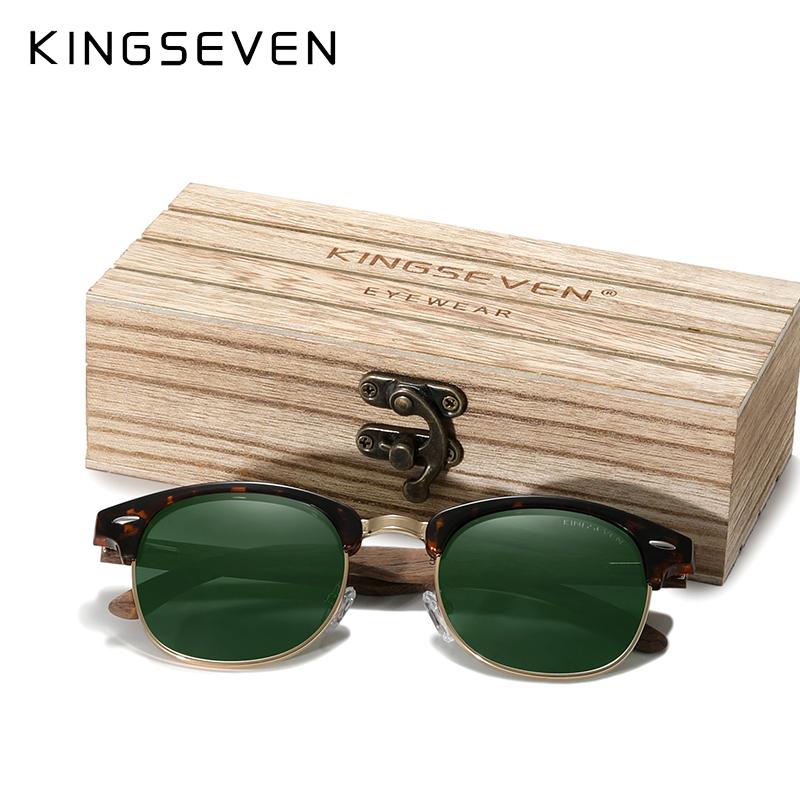Kingseven Handmade 2021 Black Walnut Wooden Sunglasses Men Polarized UV400 Protection Semi-Rimless Retro Eyewear Women Oculos