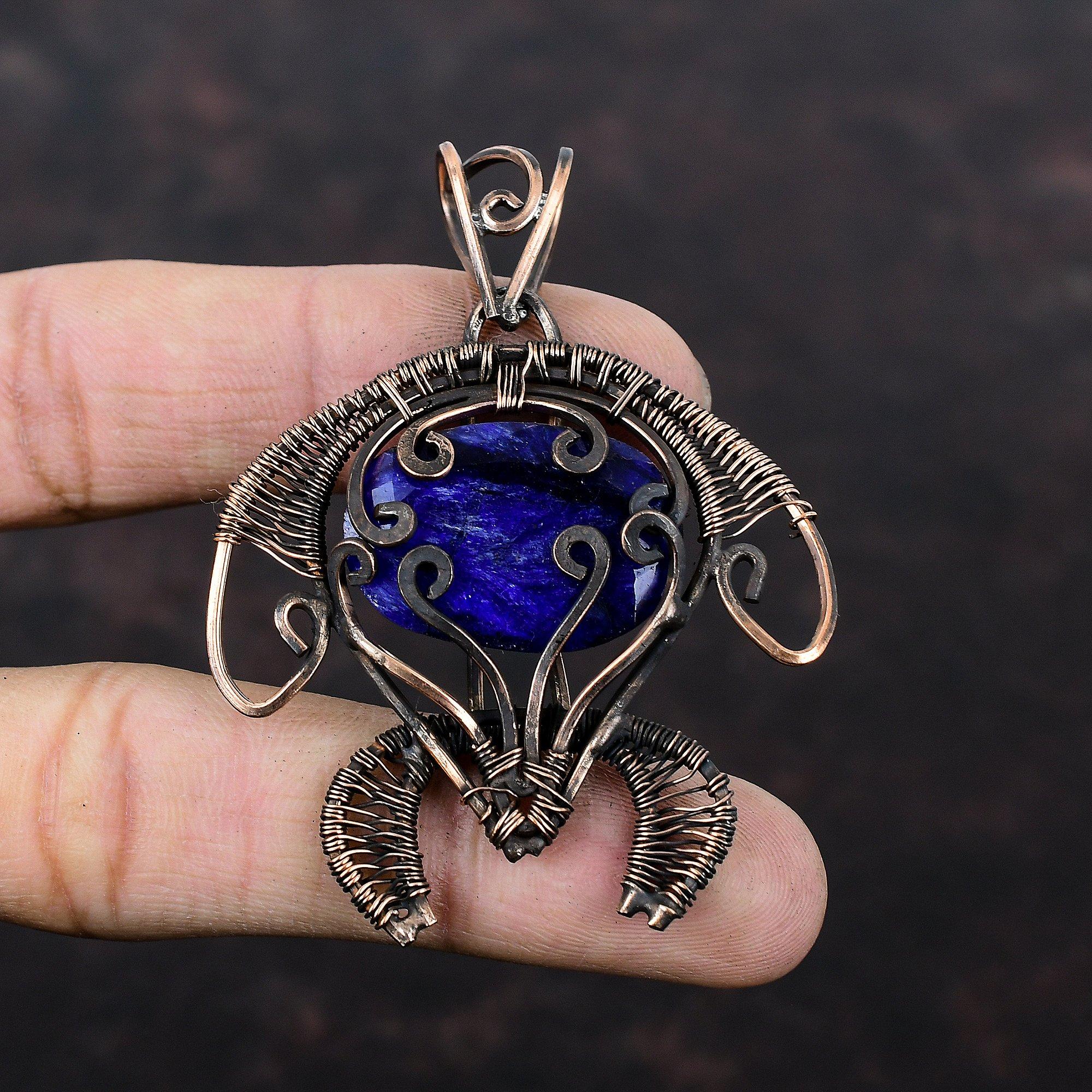 Подвеска с граненым синим сапфиром, подвеска из медной проволоки, ювелирное изделие ручной работы, подвеска из драгоценного камня, изумительная медная бижутерия, подвеска в виде черепахи для подарка